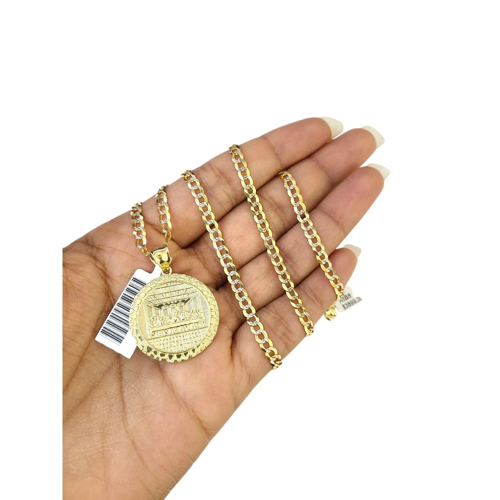 10k Gold Chain Necklace Last Supper Charm Pendant Set Cuban Curb 3mm 20"-30" - Image 3
