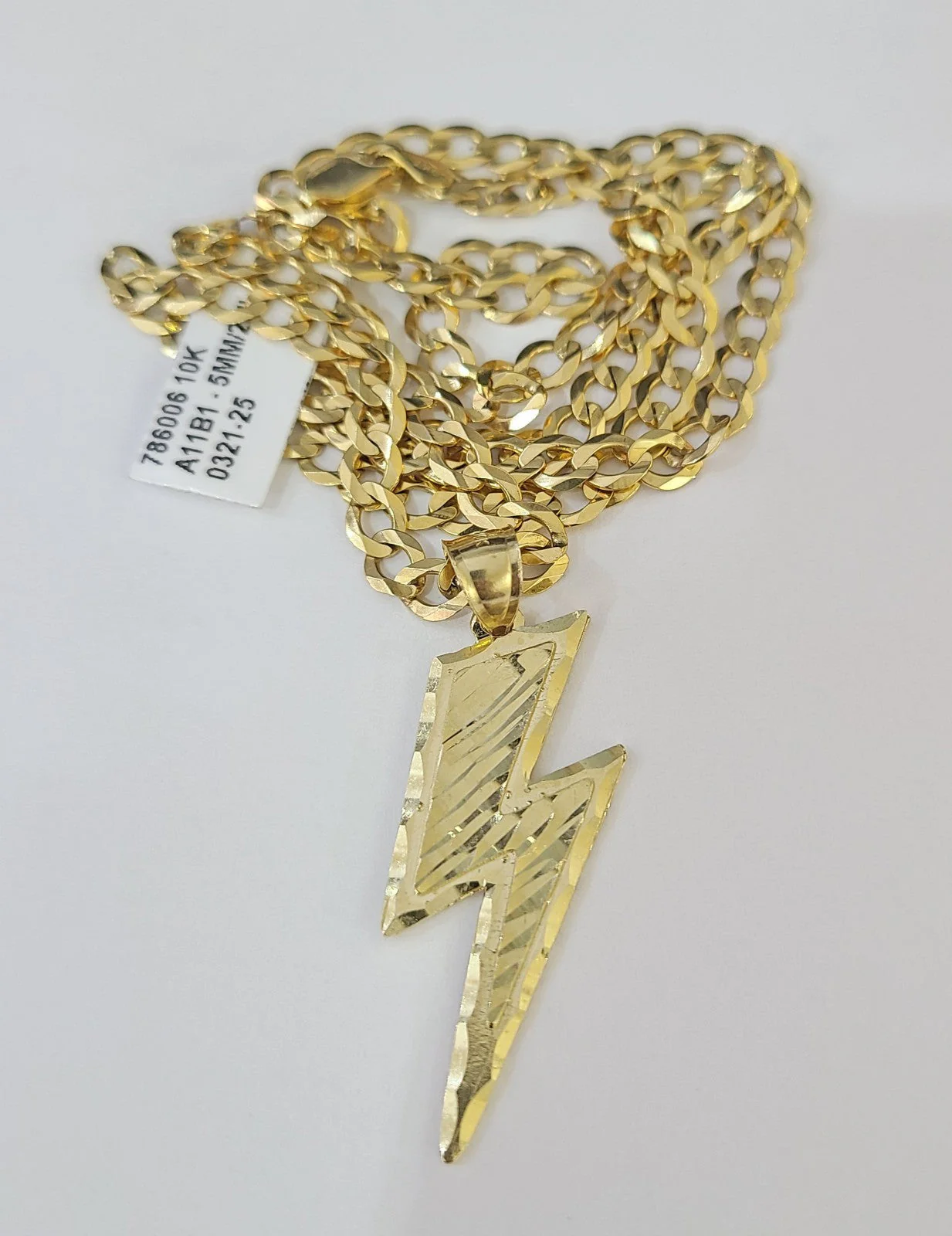 10k Gold Chain Necklace Lightning Bolt Pendant Set Cuban Curb 5mm 18"-28" Charm - Image 4