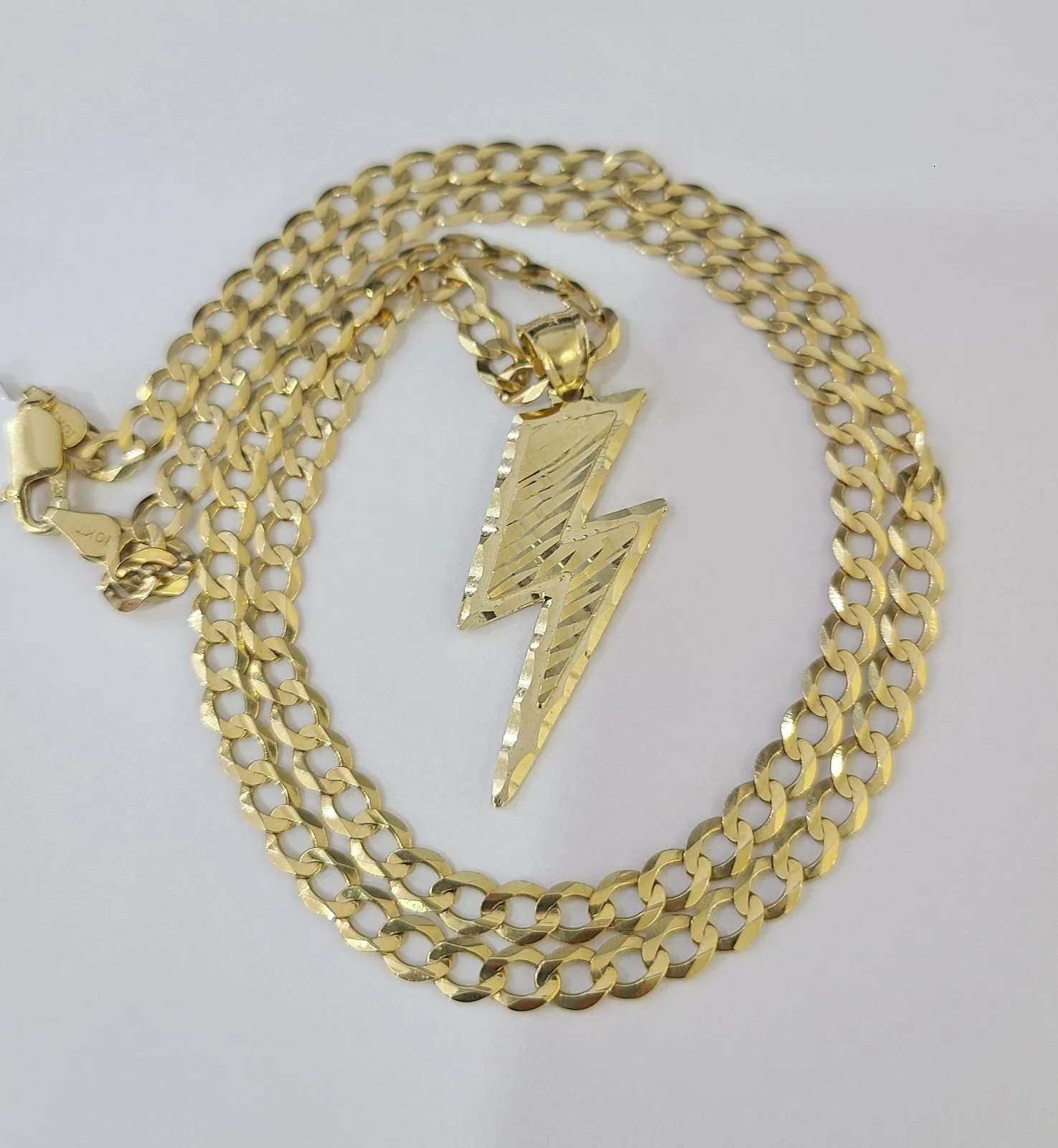 10k Gold Chain Necklace Lightning Bolt Pendant Set Cuban Curb 5mm 18"-28" Charm - Image 5
