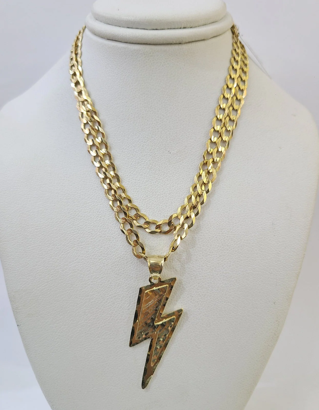 10k Gold Chain Necklace Lightning Bolt Pendant Set Cuban Curb 5mm 18"-28" Charm - Image 6