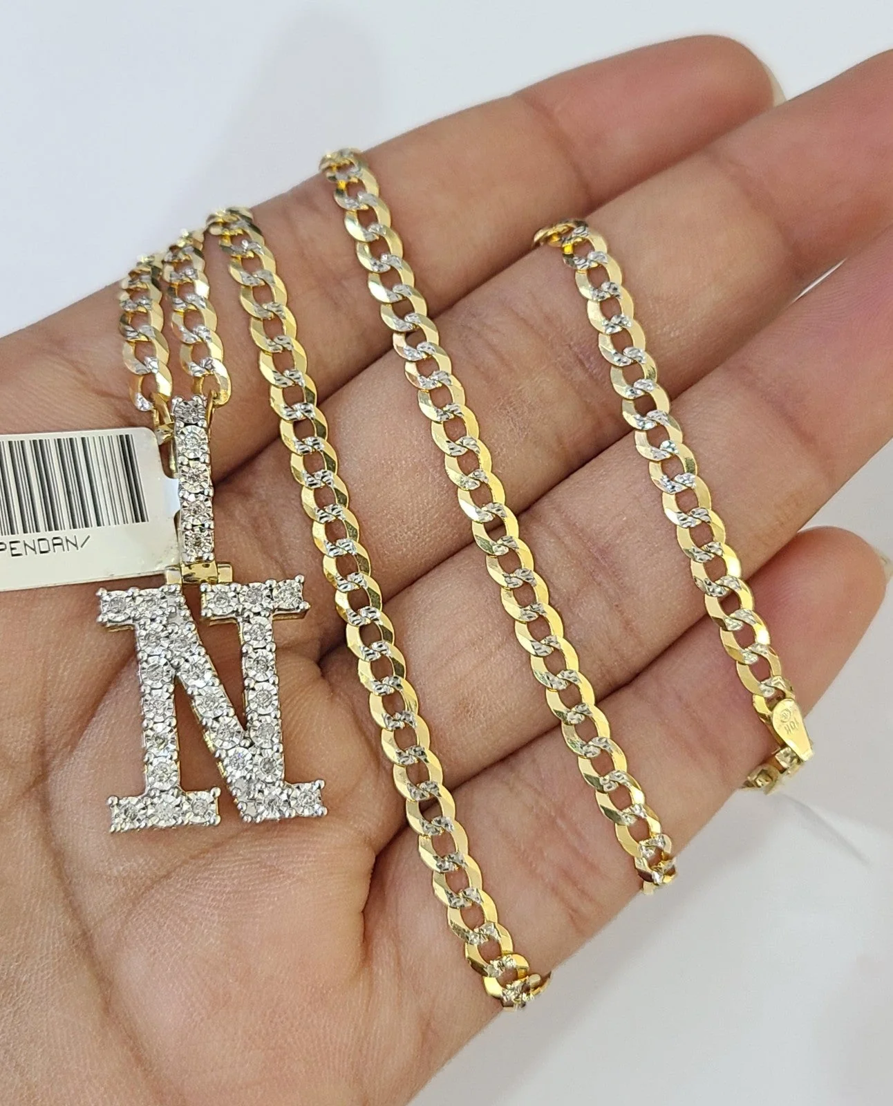 10k Gold Chain Necklace N Diamond Initial Pendant Set Cuban Curb 3mm 20"-30" - Image 6