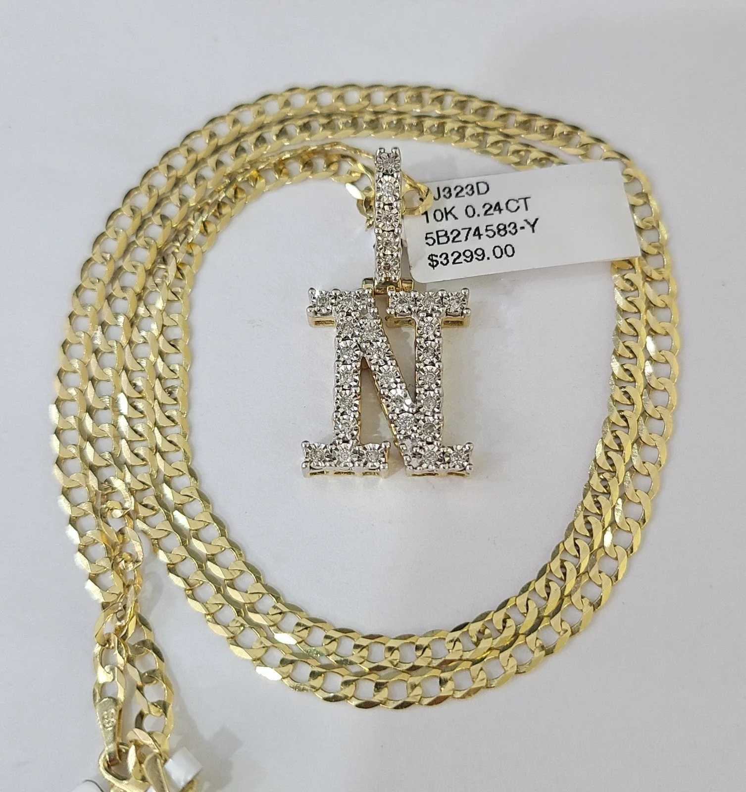 10k Gold Chain Necklace N Diamond Initial Pendant Set Cuban Curb 3mm 20"-30" - Image 3