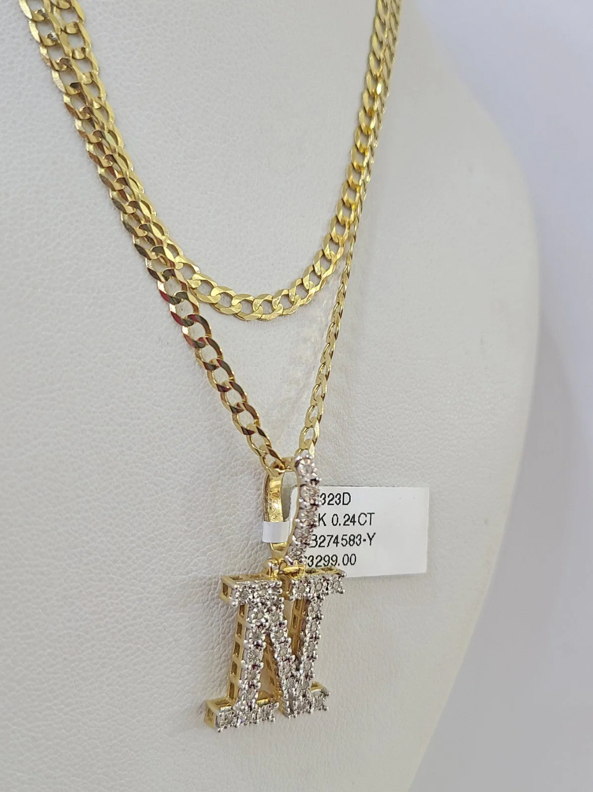 10k Gold Chain Necklace N Diamond Initial Pendant Set Cuban Curb 3mm 20"-30" - Image 4