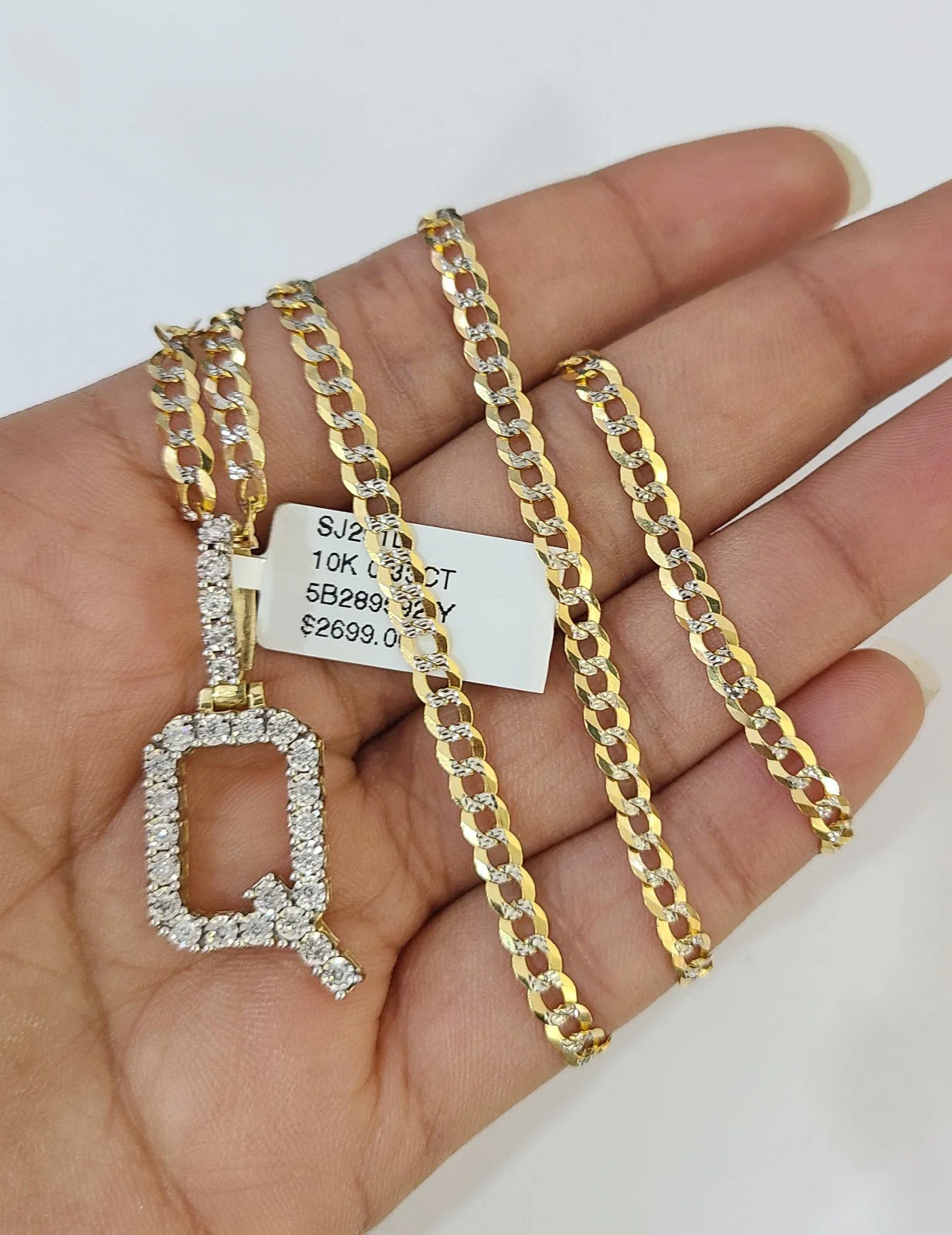 10k Gold Chain Necklace Q Diamond Initial Pendant Set Cuban Curb 3mm 20"-30" - Image 3