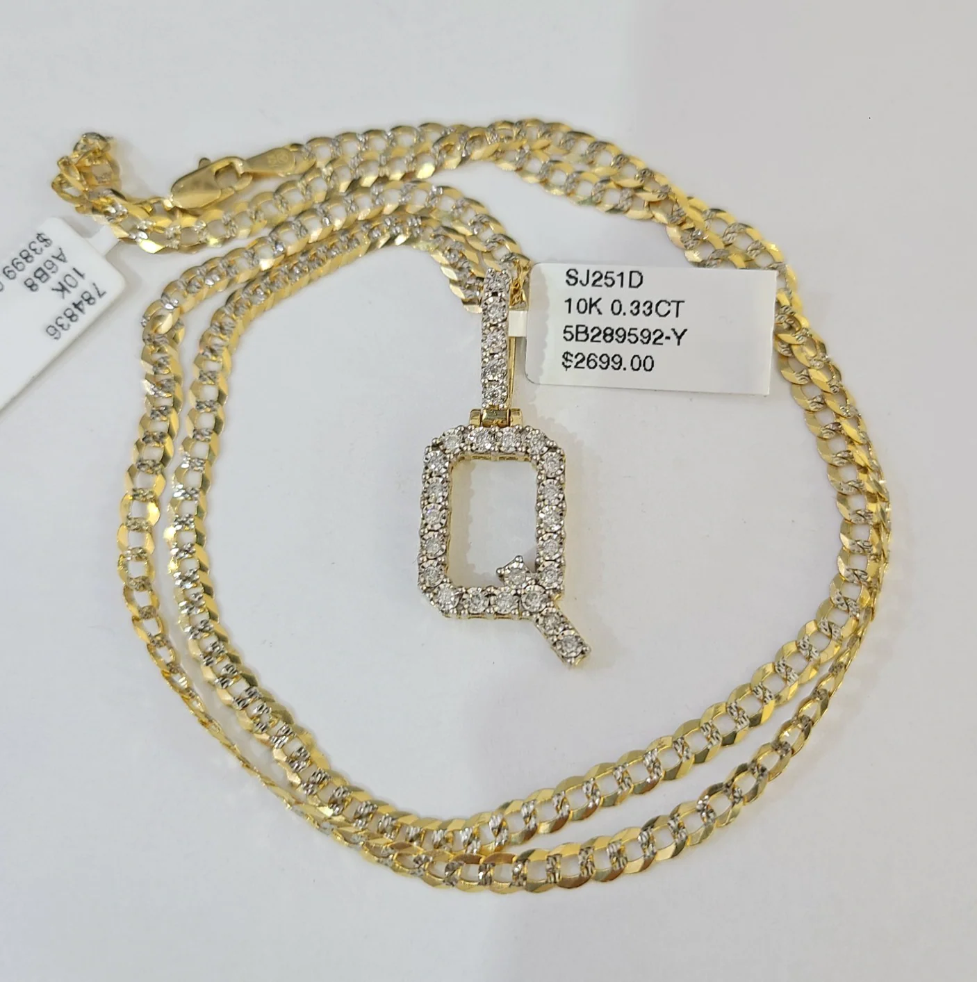 10k Gold Chain Necklace Q Diamond Initial Pendant Set Cuban Curb 3mm 20"-30" - Image 4