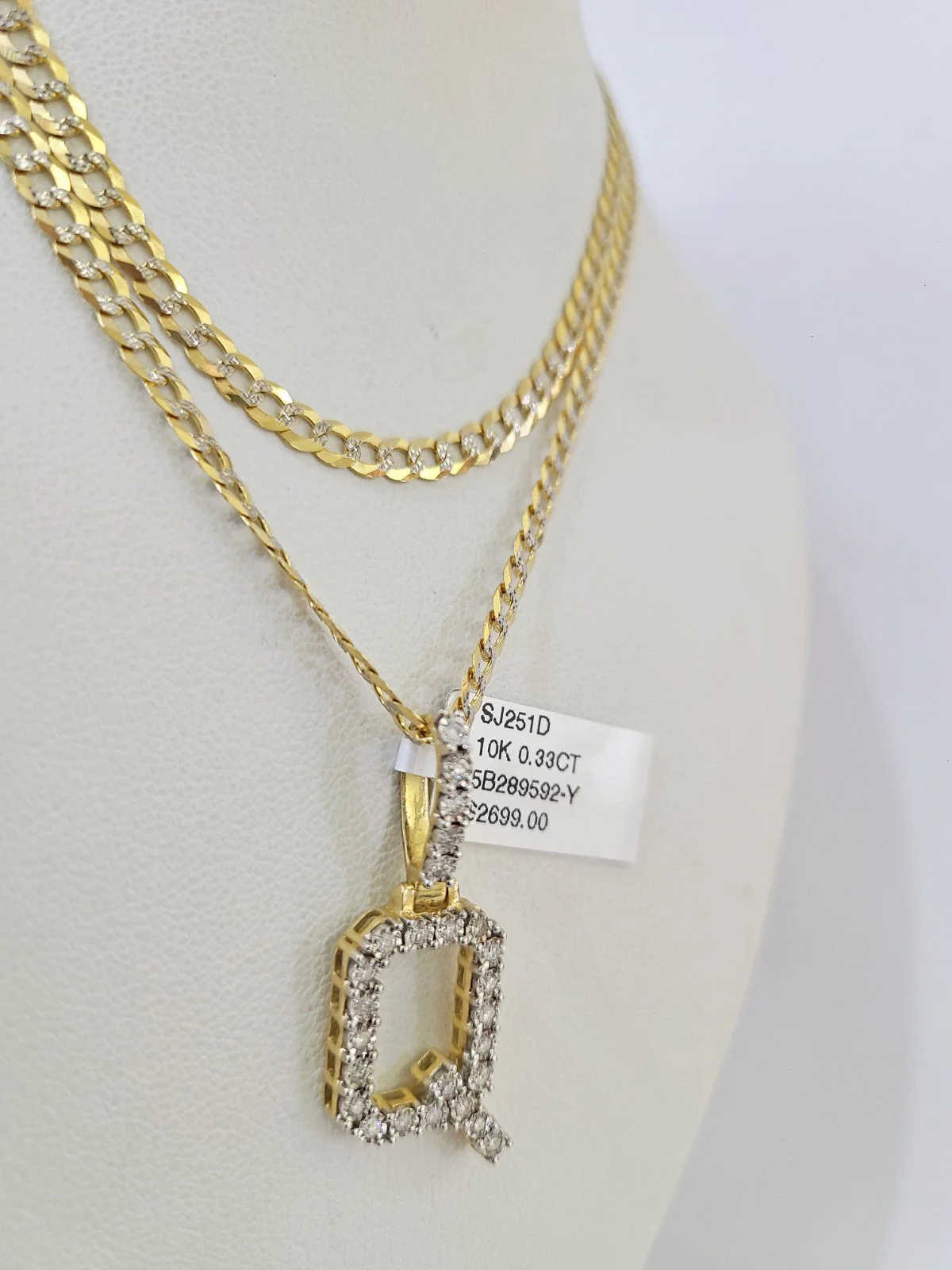10k Gold Chain Necklace Q Diamond Initial Pendant Set Cuban Curb 3mm 20"-30" - Image 5