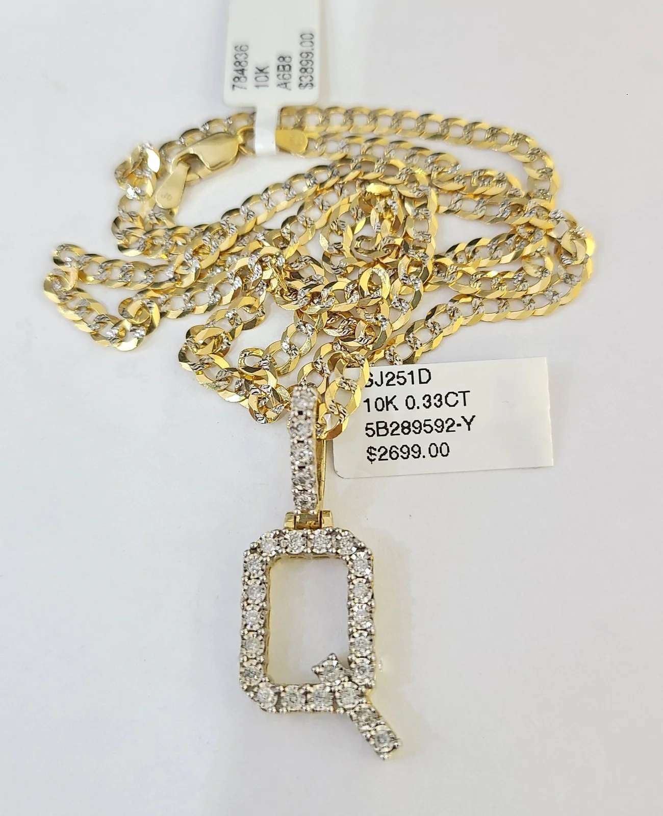 10k Gold Chain Necklace Q Diamond Initial Pendant Set Cuban Curb 3mm 20"-30" - Image 6