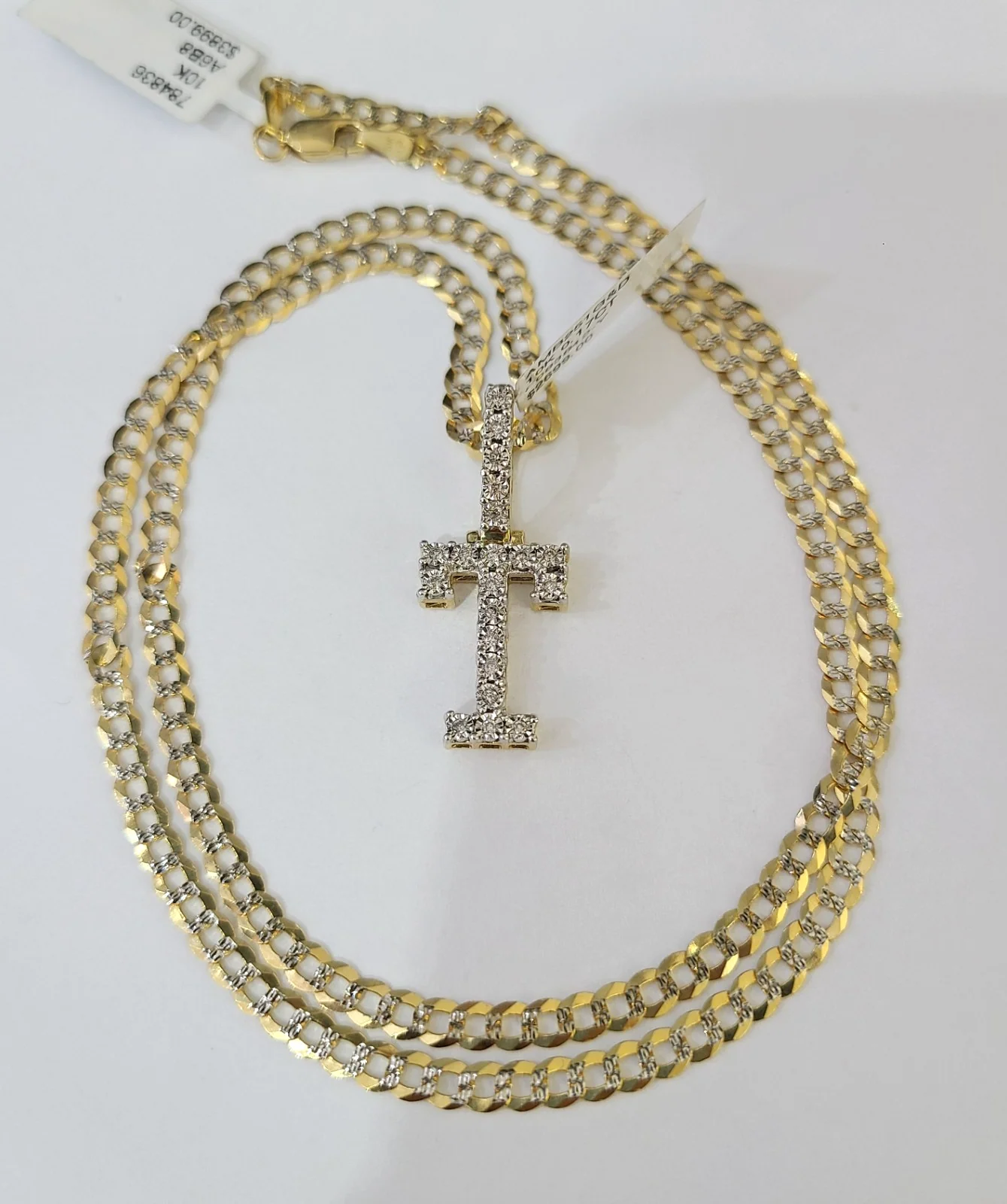 10k Gold Chain Necklace T Diamond Initial Pendant Set Cuban Curb 3mm 20"-30" - Image 2