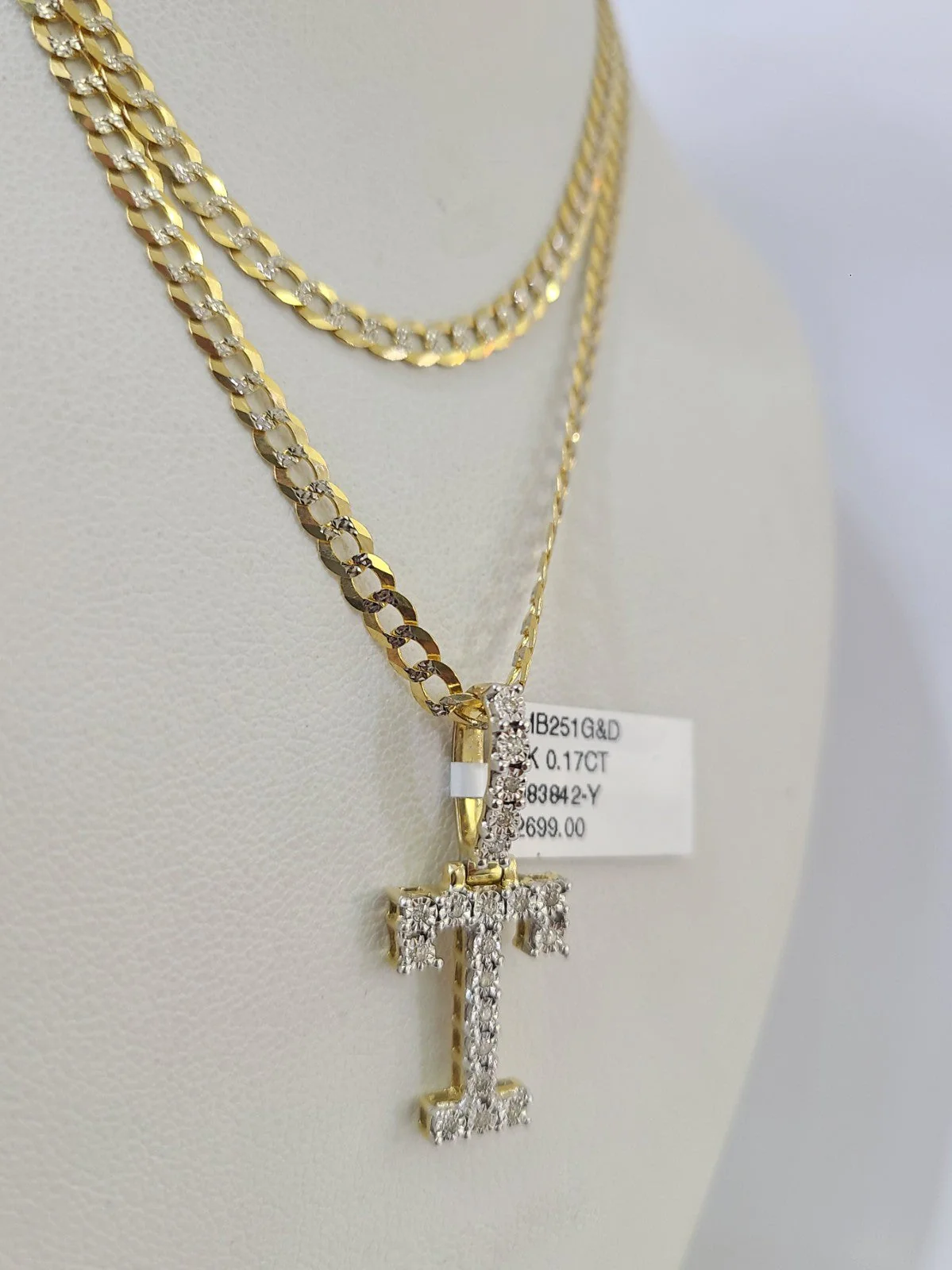 10k Gold Chain Necklace T Diamond Initial Pendant Set Cuban Curb 3mm 20"-30" - Image 3