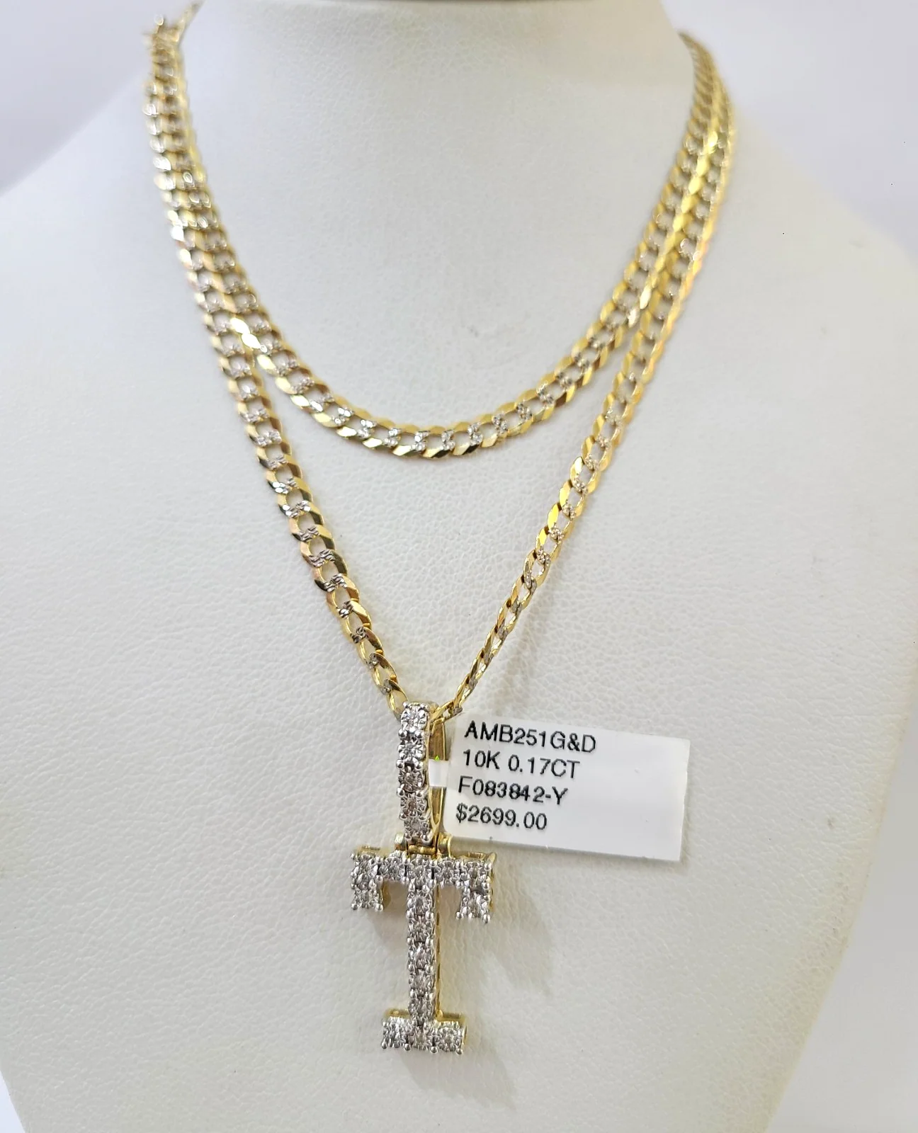10k Gold Chain Necklace T Diamond Initial Pendant Set Cuban Curb 3mm 20"-30" - Image 5