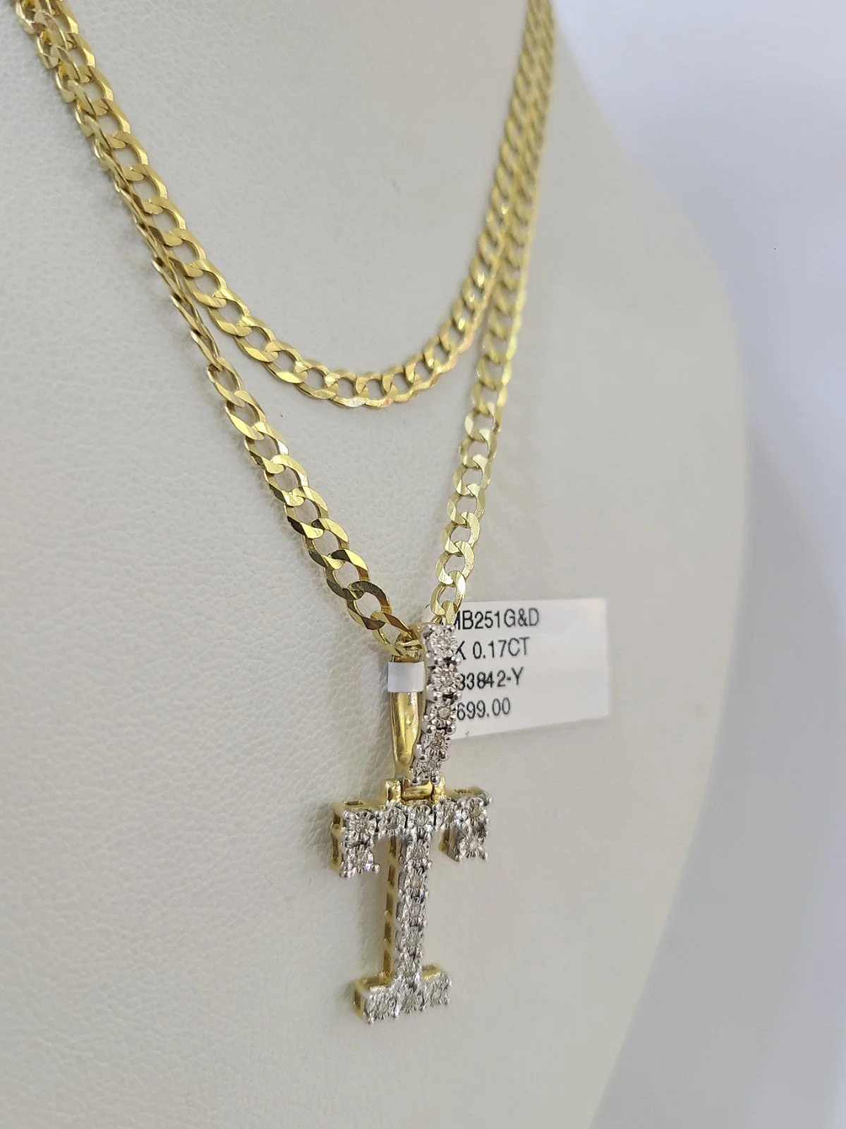 10k Gold Chain Necklace T Diamond Initial Pendant Set Cuban Curb 3mm 20"-30" - Image 4