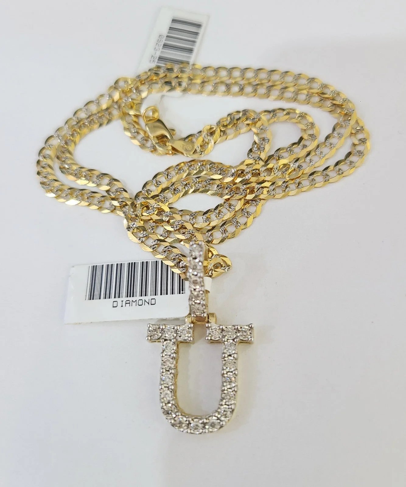 10k Gold Chain Necklace U Diamond Initial Pendant Set Cuban Curb 3mm 20"-30" - Image 2