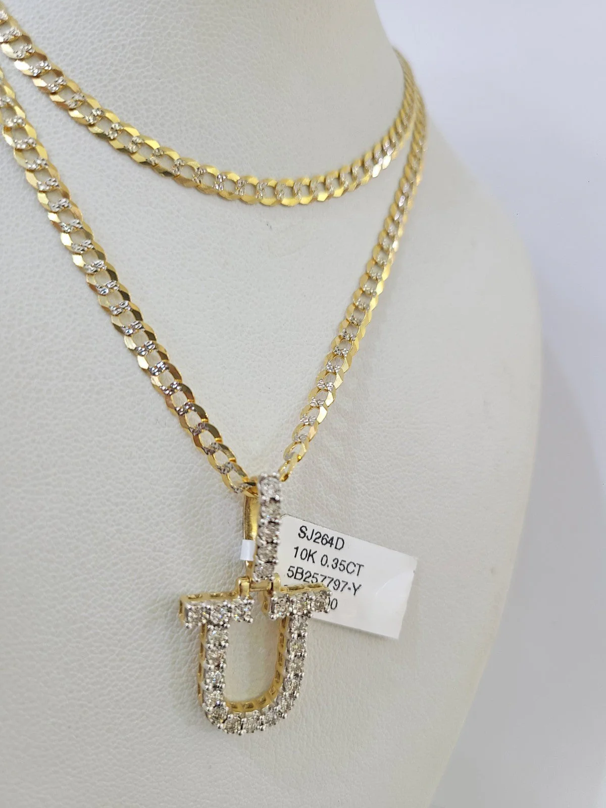 10k Gold Chain Necklace U Diamond Initial Pendant Set Cuban Curb 3mm 20"-30" - Image 4