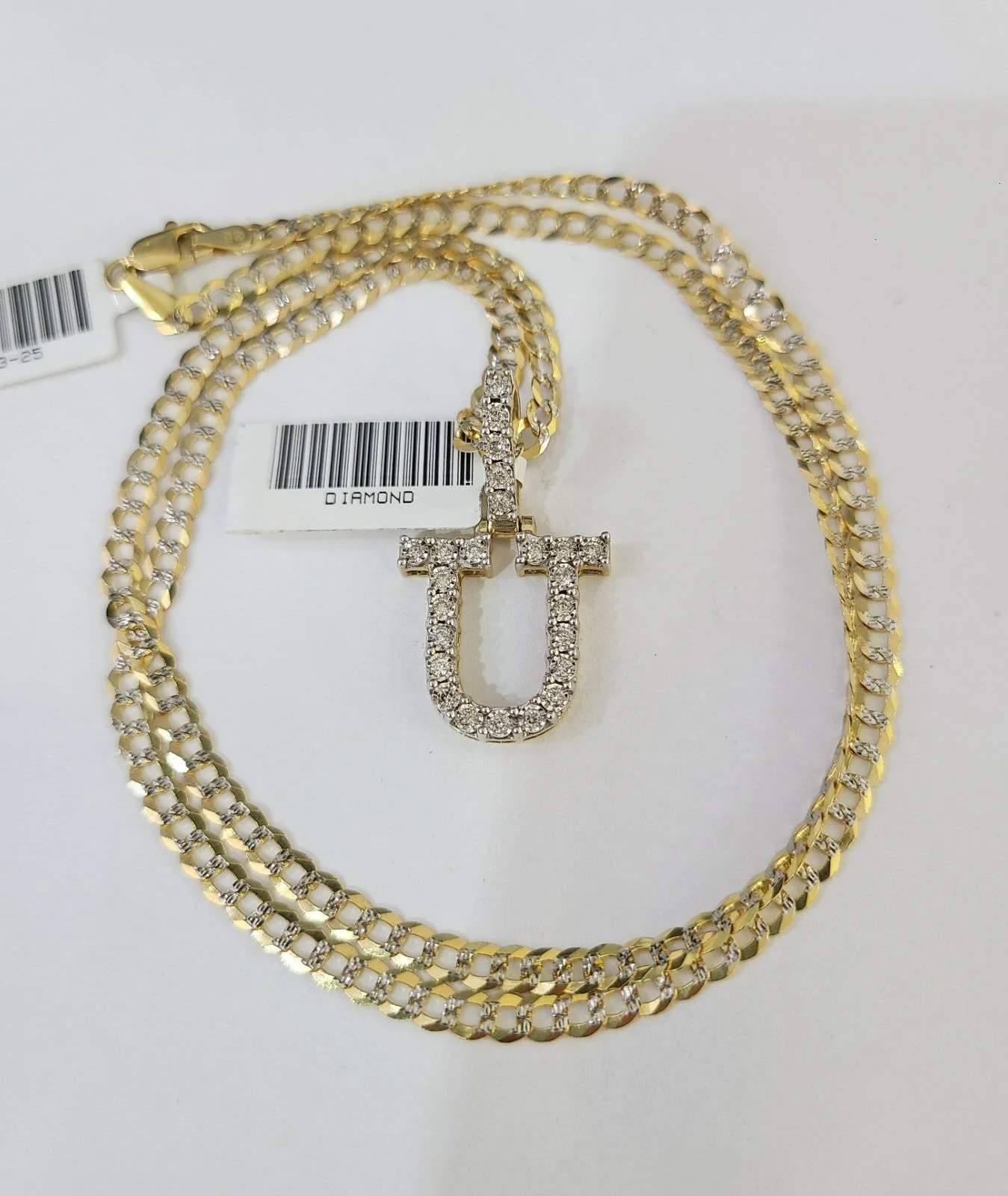 10k Gold Chain Necklace U Diamond Initial Pendant Set Cuban Curb 3mm 20"-30" - Image 5