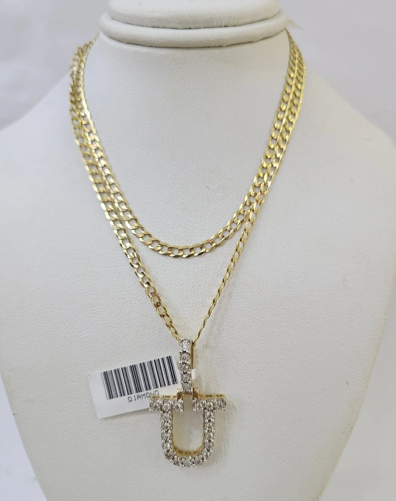 10k Gold Chain Necklace U Diamond Initial Pendant Set Cuban Curb 3mm 20"-30" - Image 3