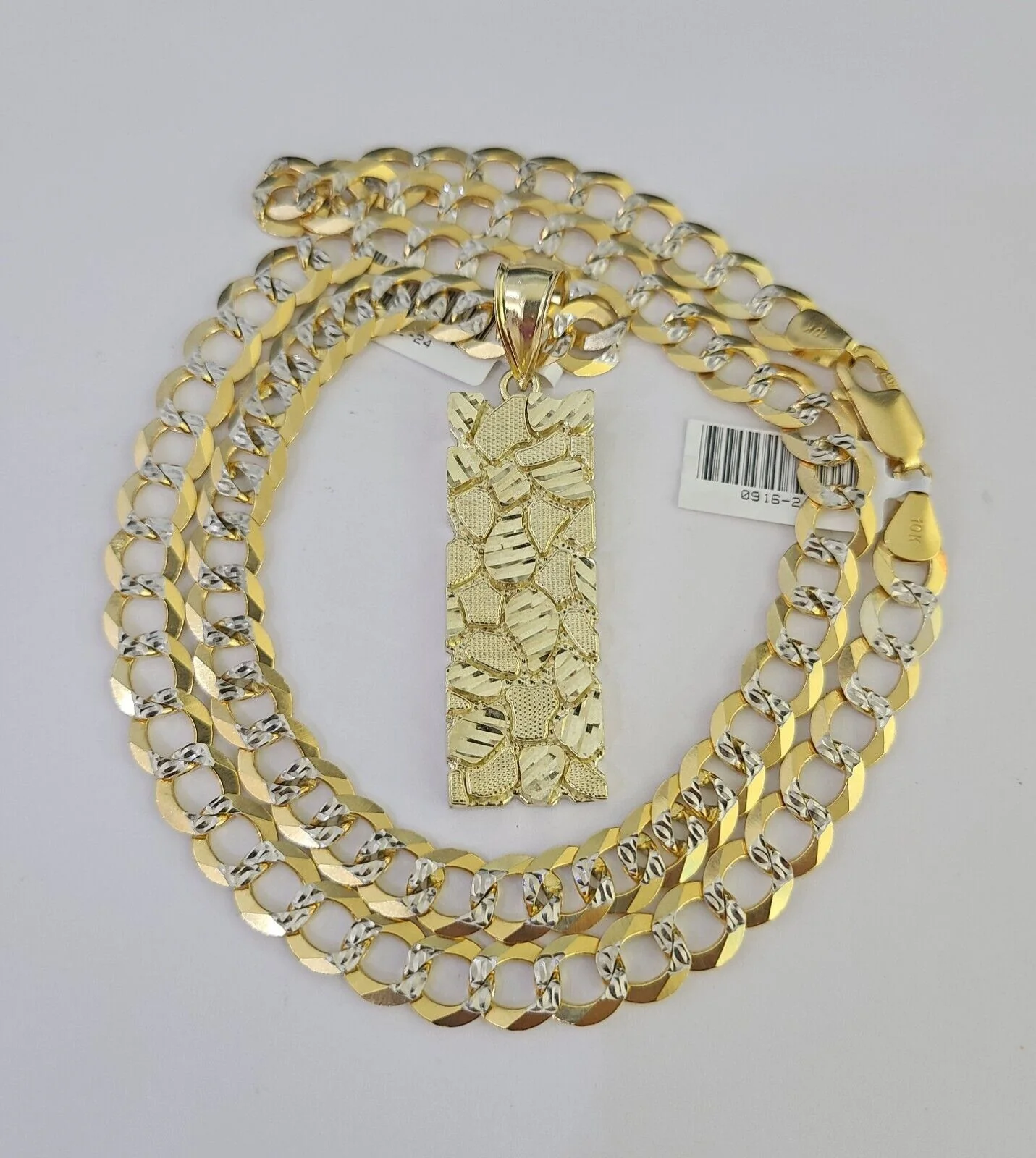 10k Gold Chain Nugget Charm Solid Cuban Curb Necklace 9mm 20"-30" SET - Image 4