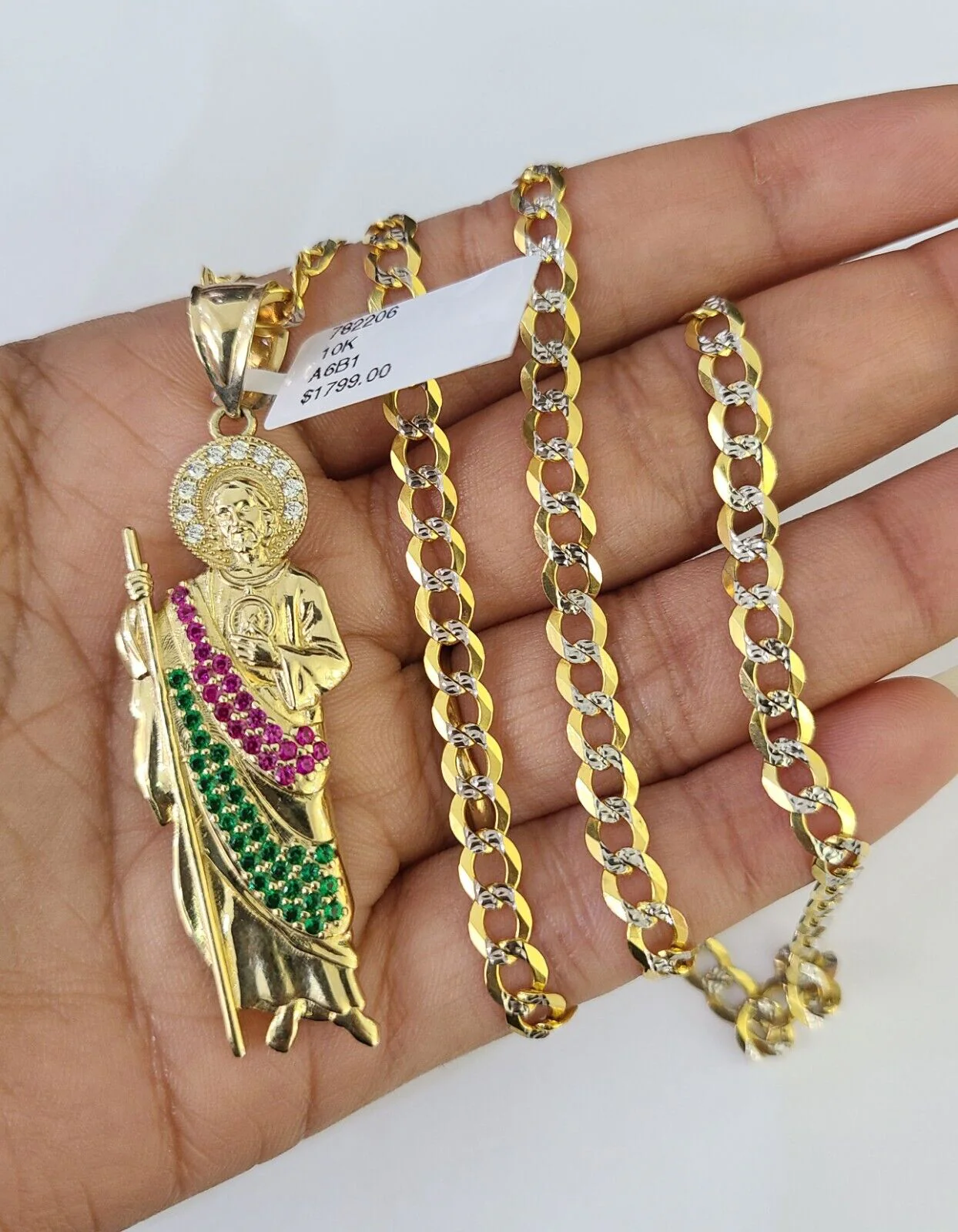 10k Gold Chain Saint Jude Charm Solid Cuban Curb Link 5mm 18"-28" Inch SET - Image 2