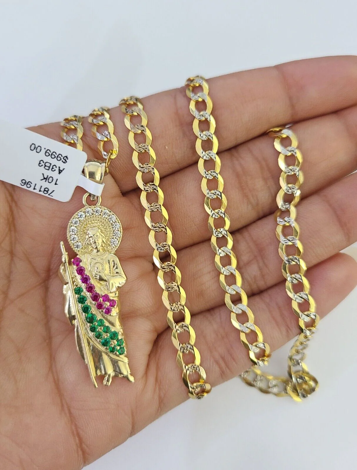 10k Gold Chain Saint Jude Charm Solid Cuban Curb Link 5mm 18"-28" Inch SET - Image 2