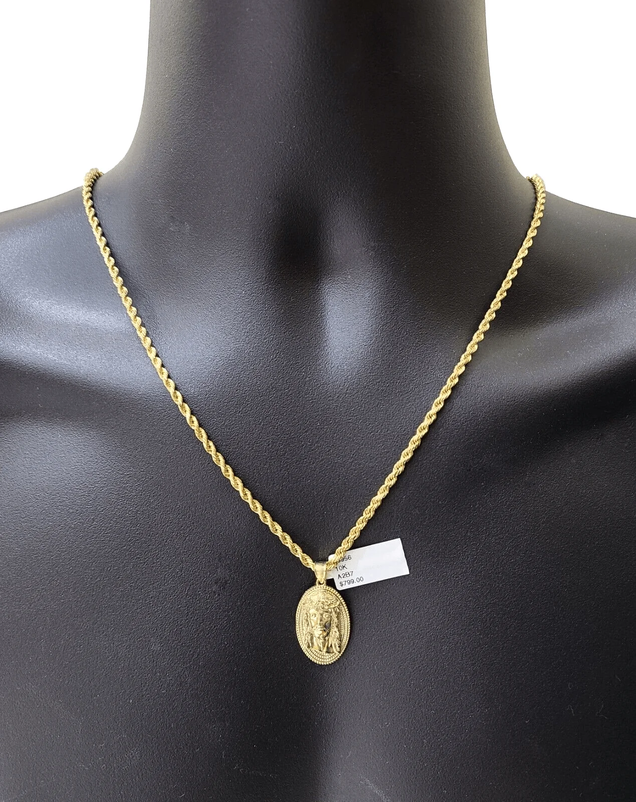 10k Gold Circular Jesus Head Charm Rope Chain Necklace 3mm 20'' Set Pendant 10kt - Image 4