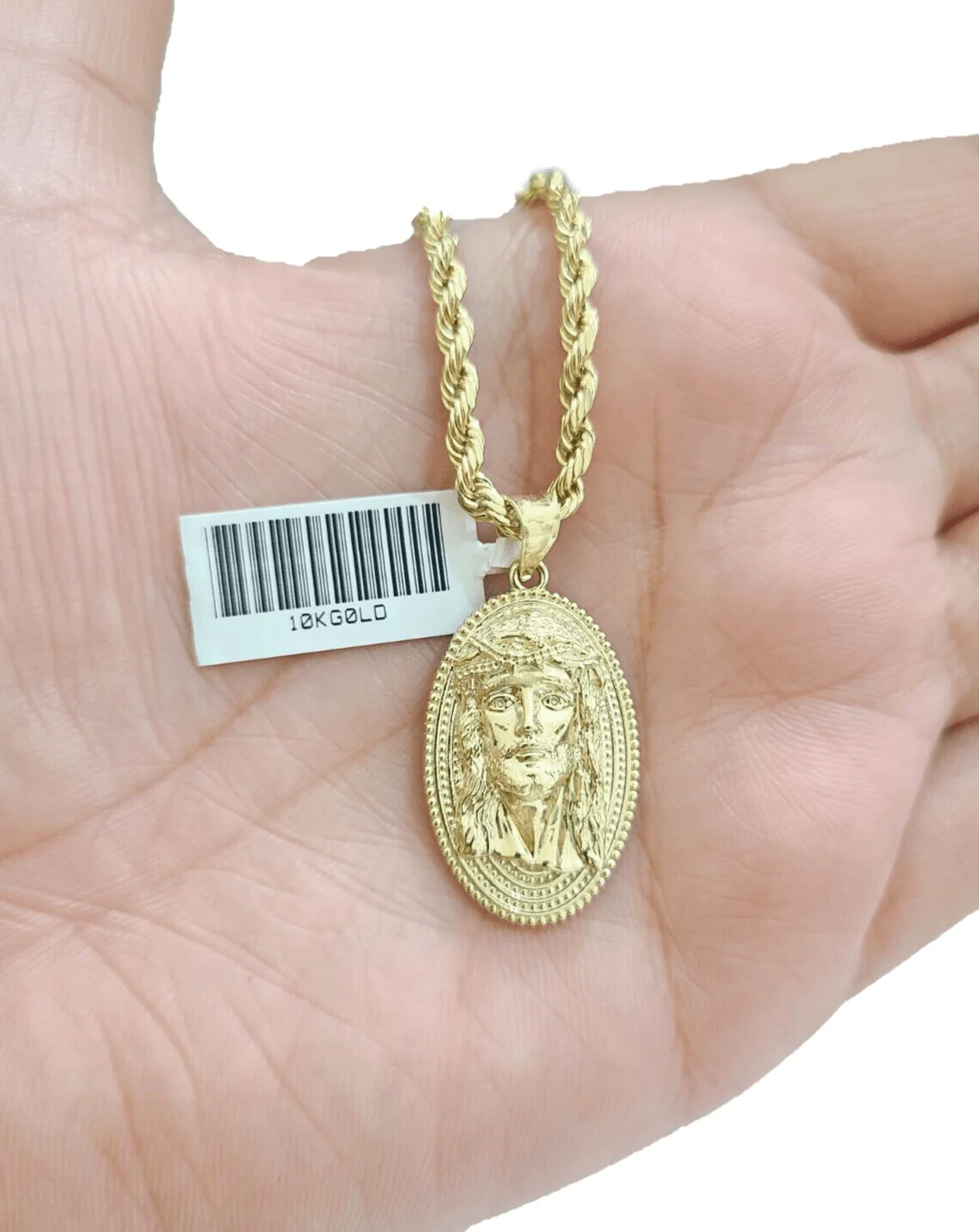 10k Gold Circular Jesus Head Charm Rope Chain Necklace 3mm 24'' Set Pendant 10kt - Image 3