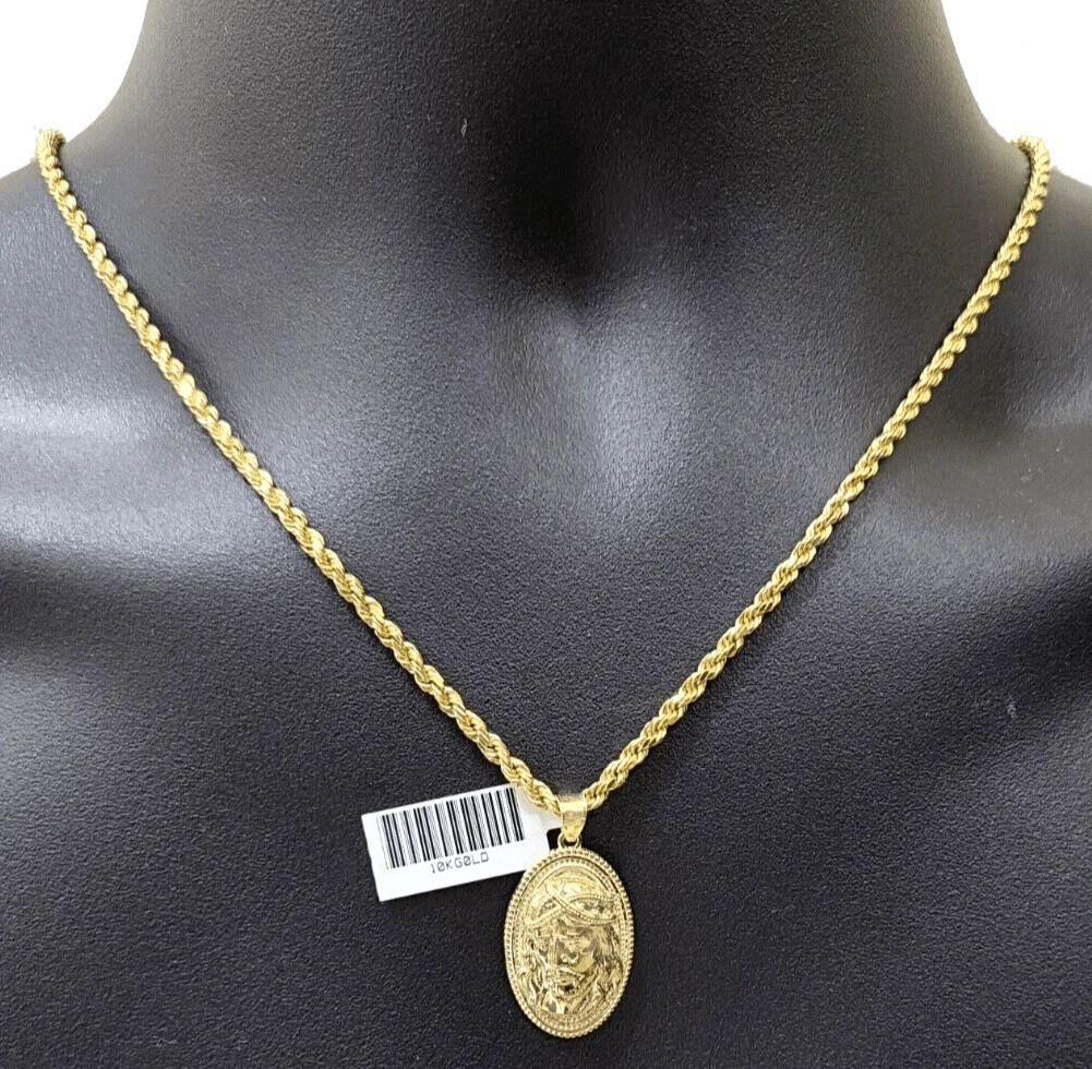 10k Gold Circular Jesus Head Charm Rope Chain Necklace 3mm 24'' Set Pendant 10kt - Image 2