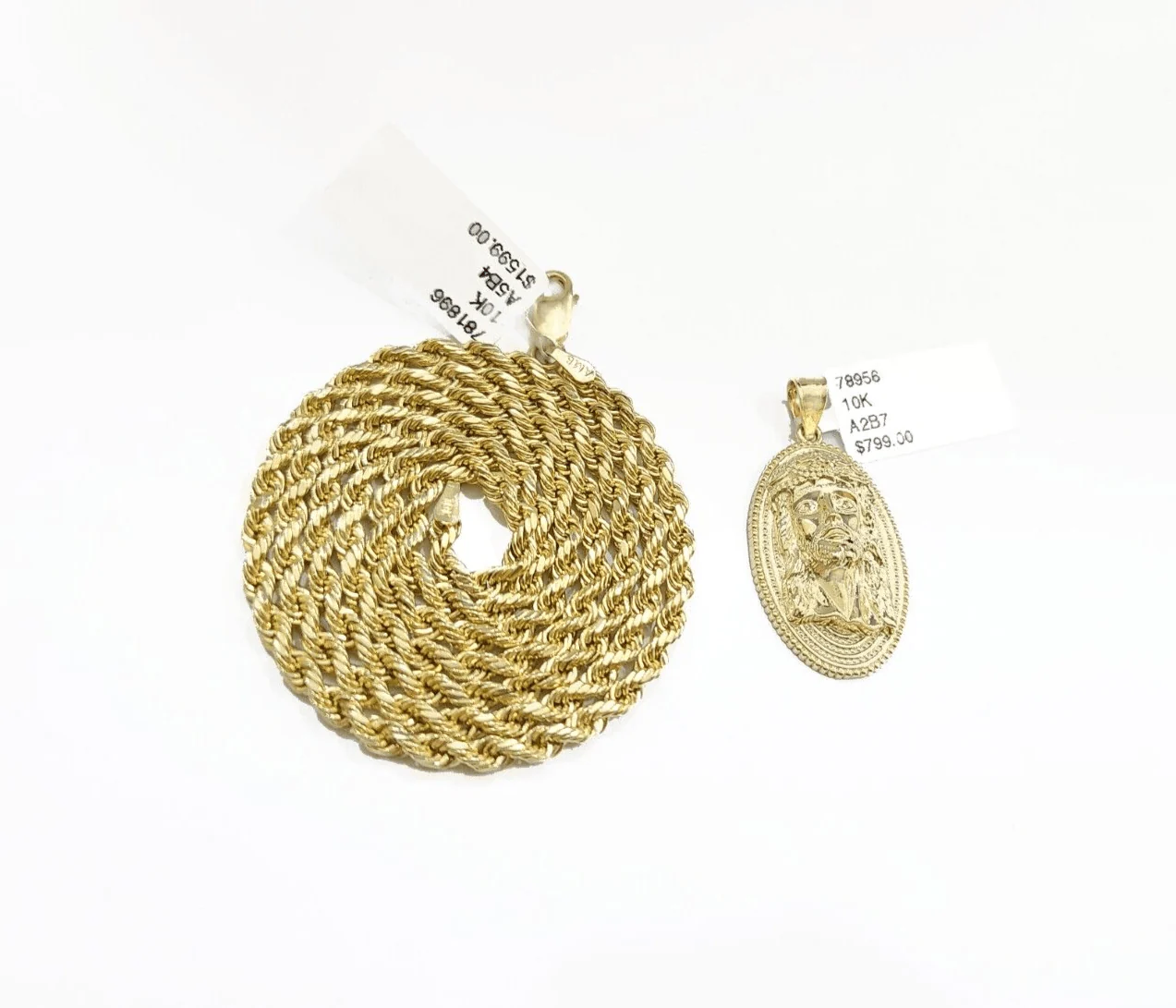 10k Gold Circular Jesus Head Charm Rope Chain Necklace 3mm 26'' Set Pendant 10kt - Image 4