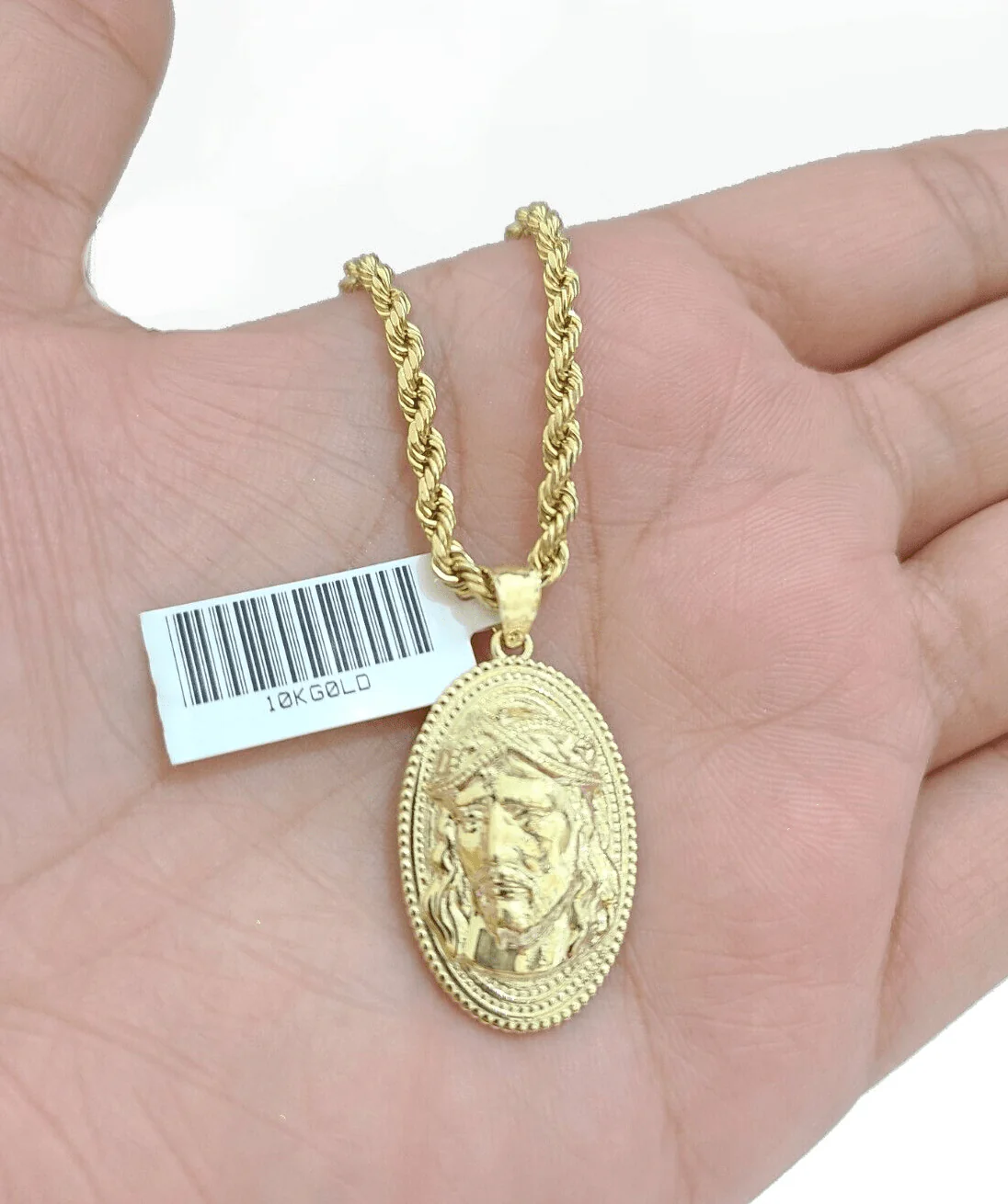 10k Gold Circular Jesus Head Charm Rope Chain Necklace 3mm 26'' Set Pendant 10kt
