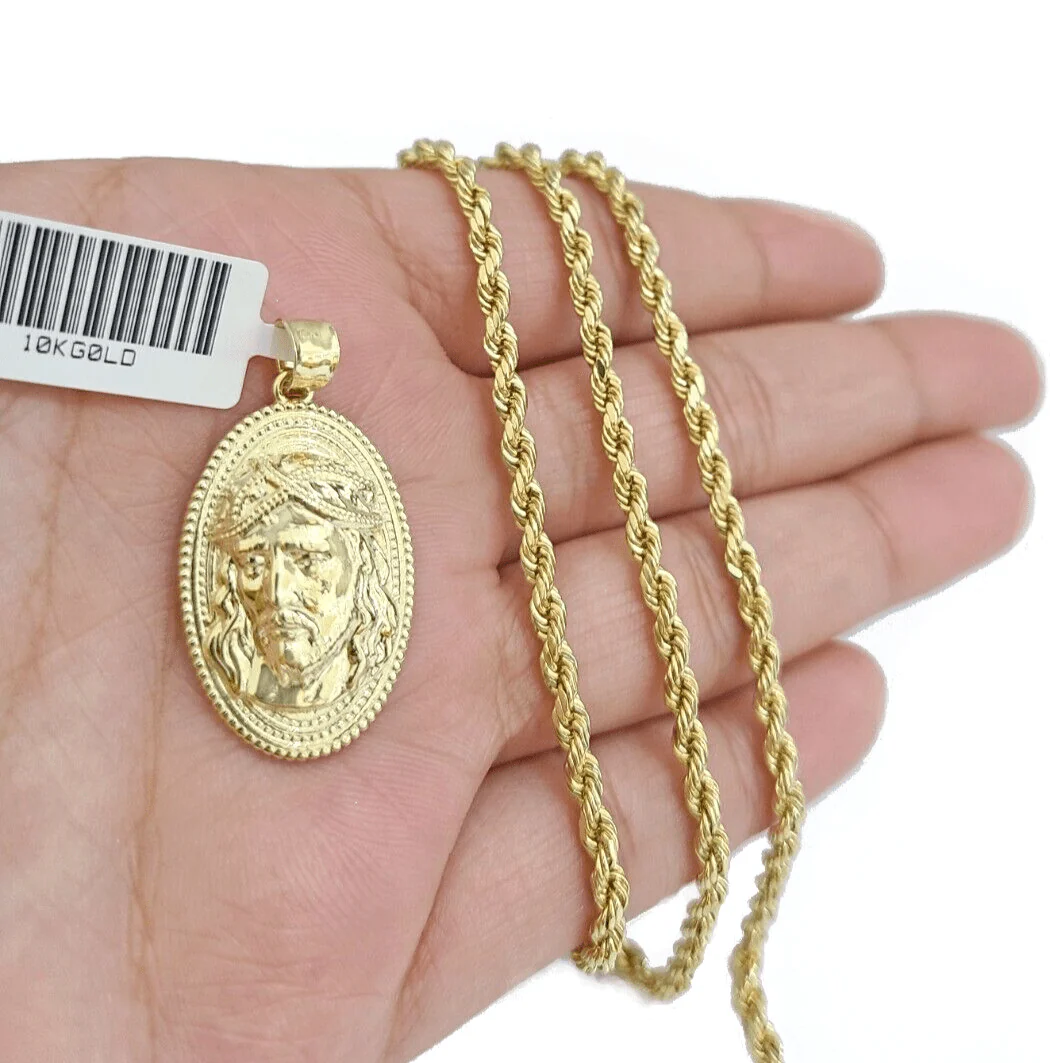 10k Gold Circular Jesus Head Charm Rope Chain Necklace 3mm 26'' Set Pendant 10kt - Image 2