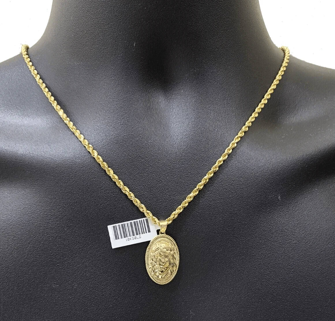 10k Gold Circular Jesus Head Charm Rope Chain Necklace 3mm 26'' Set Pendant 10kt - Image 4