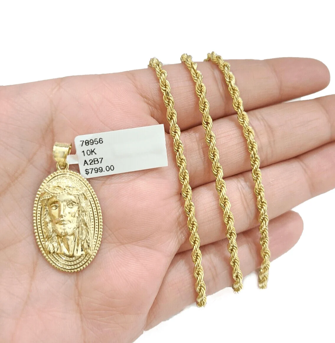 10k Gold Circular Jesus Head Charm Rope Chain Necklace 3mm 28'' Set Pendant 10kt - Image 3