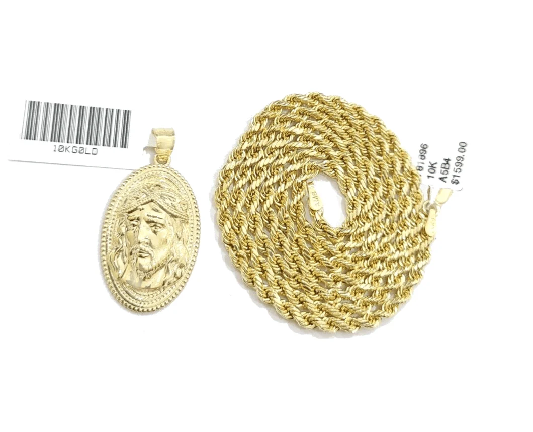 10k Gold Circular Jesus Head Charm Rope Chain Necklace 3mm 28'' Set Pendant 10kt - Image 3