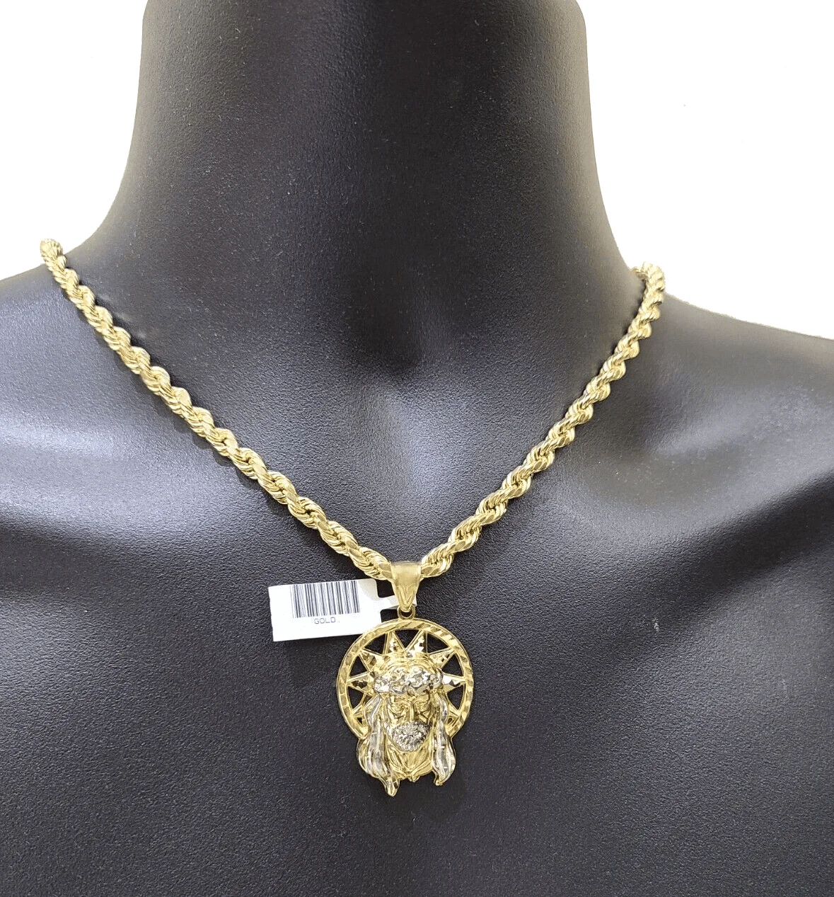 10k Gold Circular Jesus Star Head Charm Rope Chain Necklace 6mm 20'' Set Pendant - Image 3