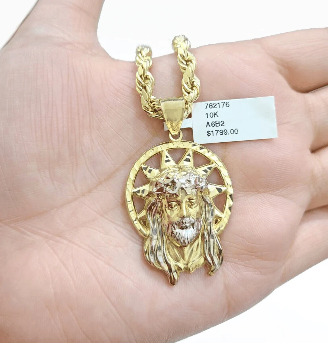 10k Gold Circular Jesus Star Head Charm Rope Chain Necklace 6mm 24'' Set Pendant - Image 4