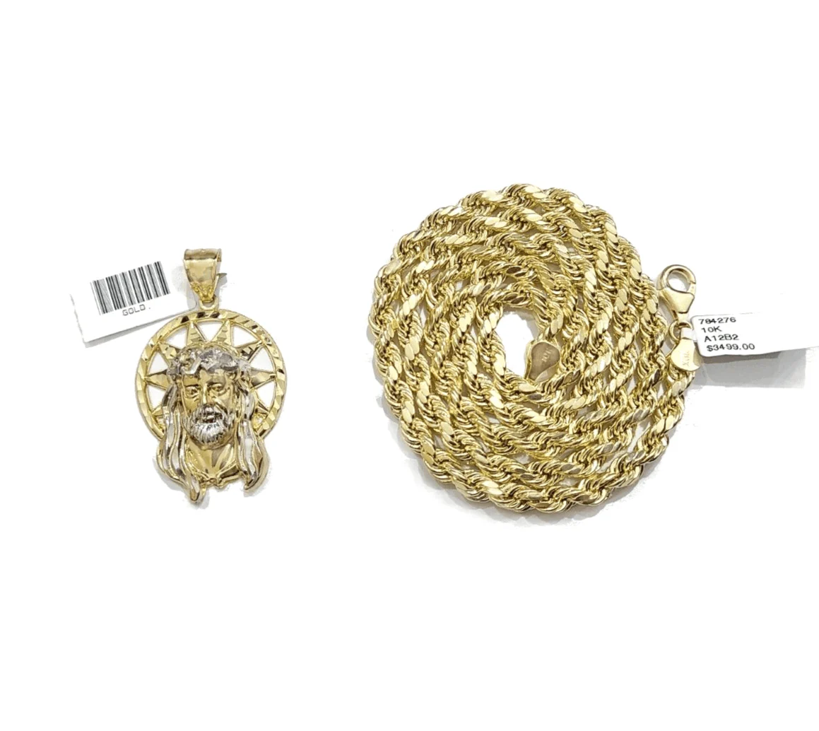 10k Gold Circular Jesus Star Head Charm Rope Chain Necklace 6mm 24'' Set Pendant - Image 5