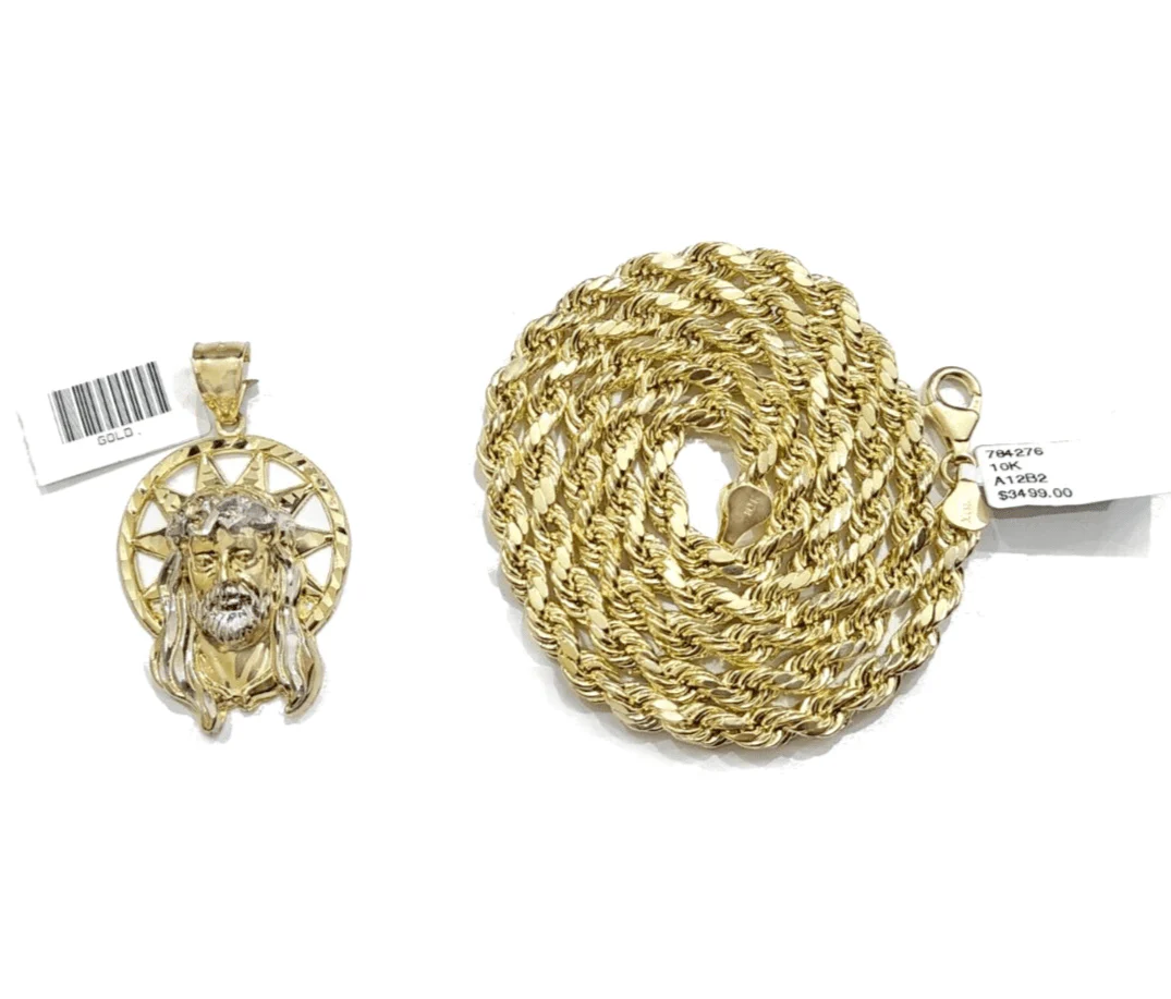 10k Gold Circular Jesus Star Head Charm Rope Chain Necklace 6mm 28'' Set Pendant - Image 3