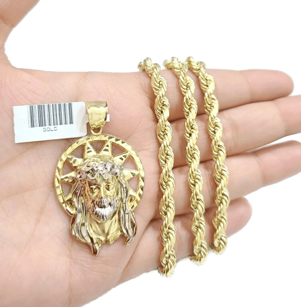 10k Gold Circular Jesus Star Head Charm Rope Chain Necklace 6mm 30'' Set Pendant - Image 4