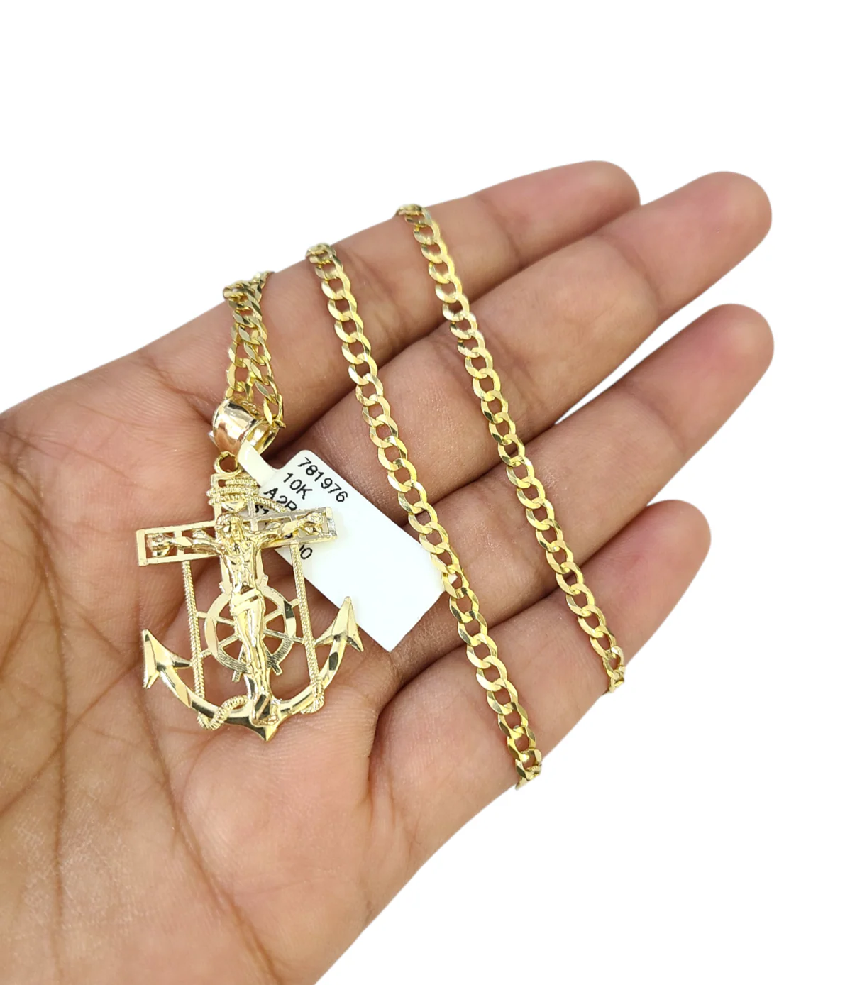 10k Gold Cuban Curb 3mm Chain Necklace Anchor Crucifix Charm Pendant 18"-28" - Image 4