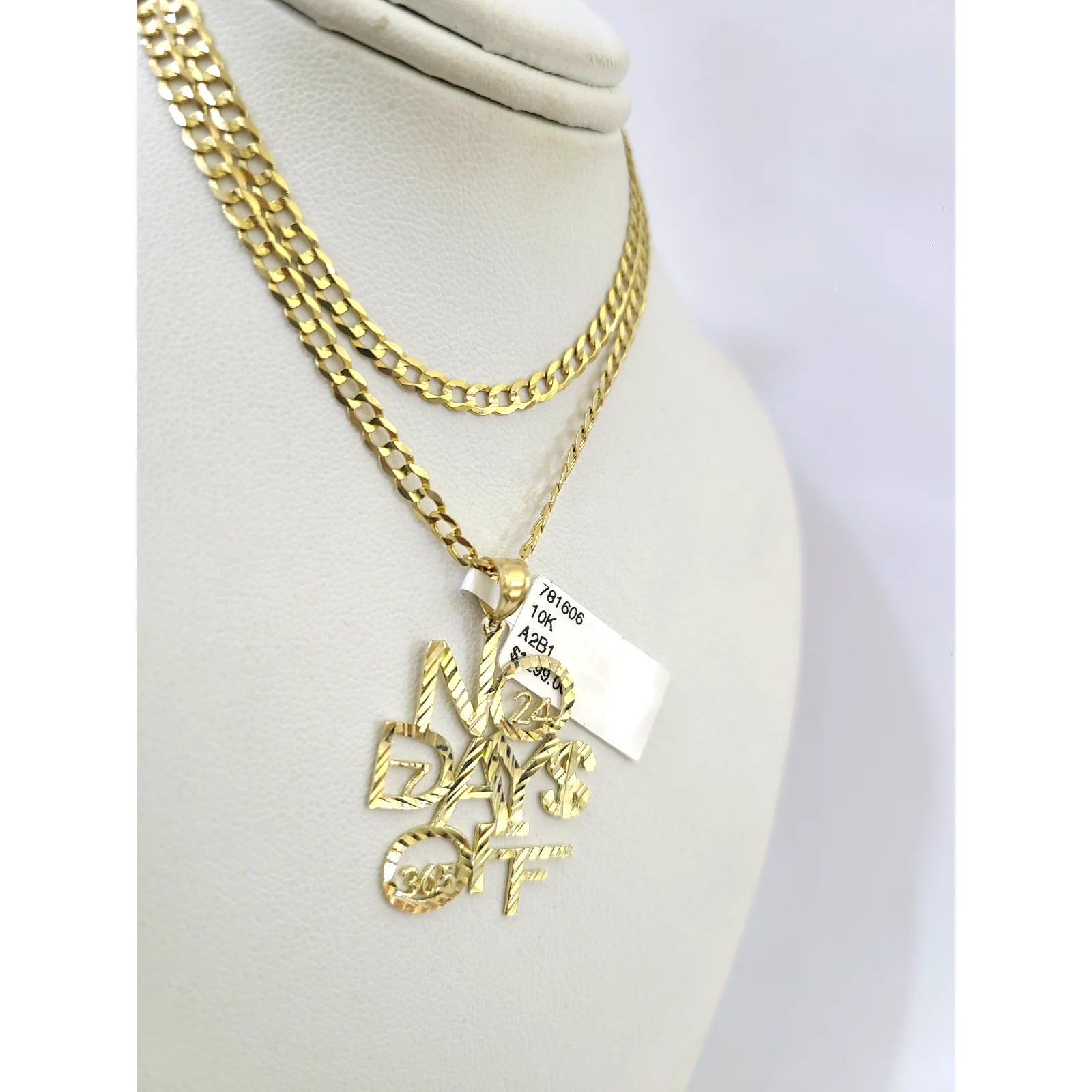 10k Gold Cuban Curb 3mm Chain Necklace No Days Off Charm Pendant 18"-28" Set - Image 3