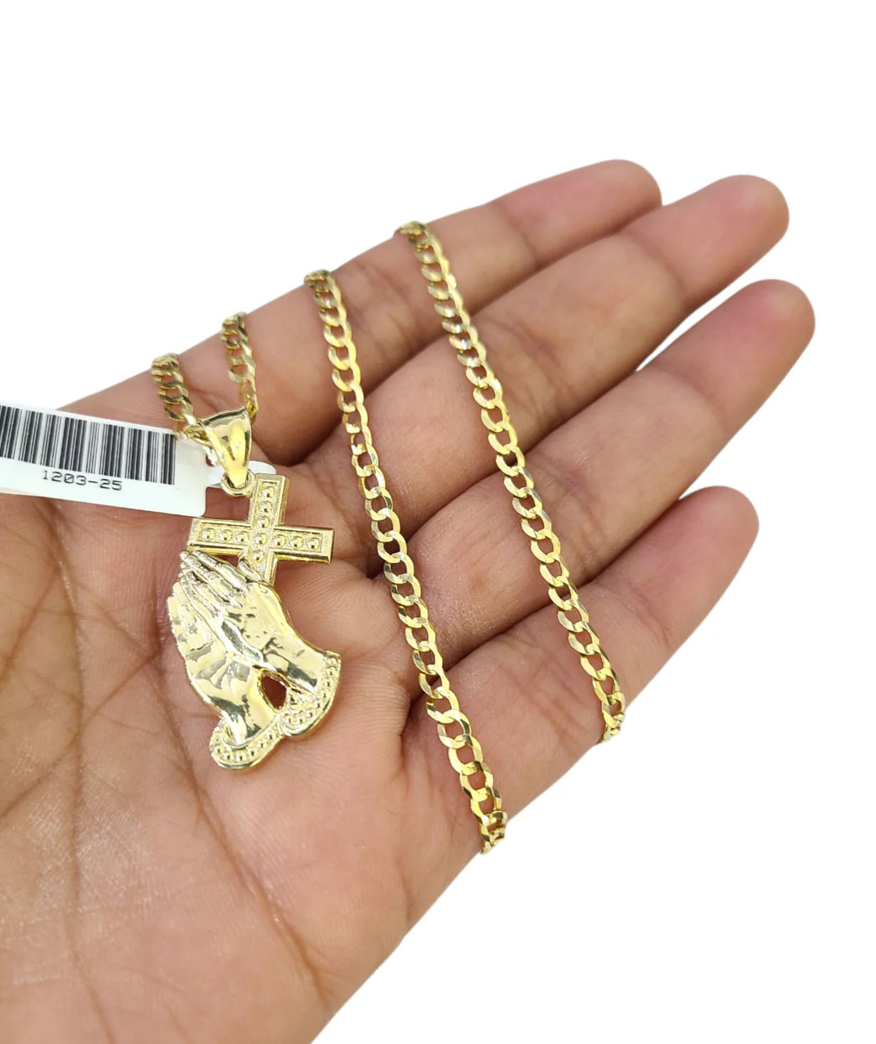 10k Gold Cuban Curb 3mm Chain Necklace Praying Hands Charm Pendant 18"-28" Set - Image 2