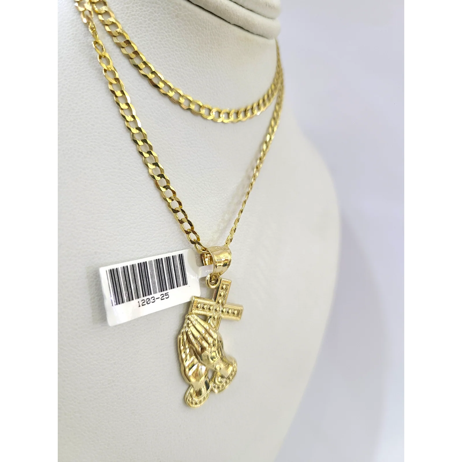 10k Gold Cuban Curb 3mm Chain Necklace Praying Hands Charm Pendant 18"-28" Set - Image 3