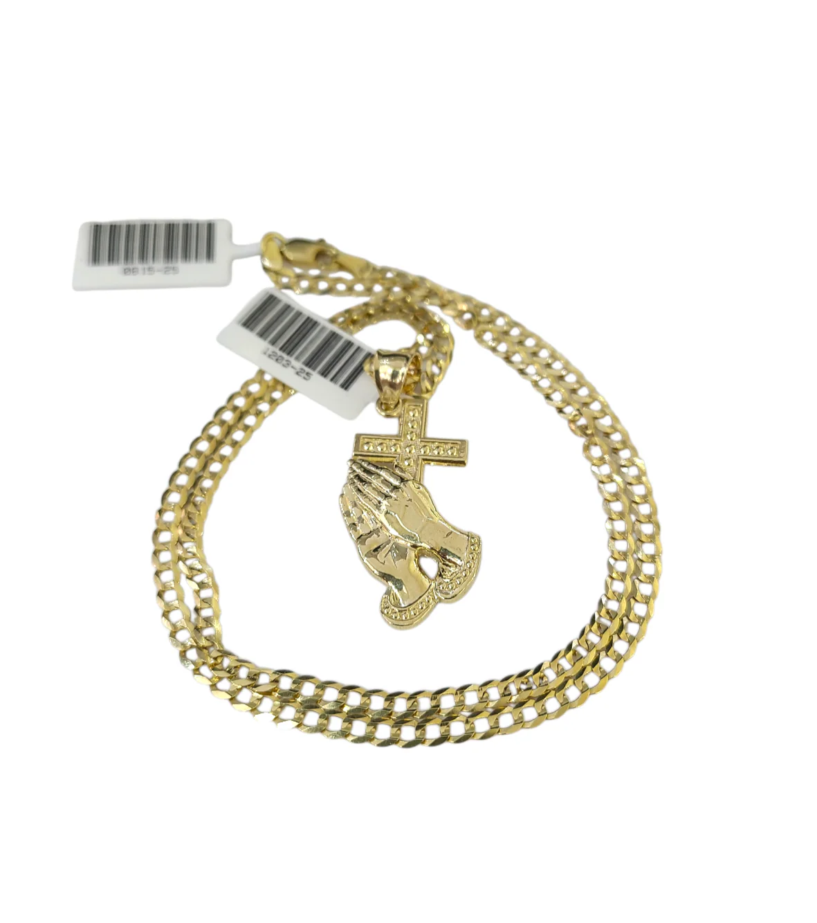 10k Gold Cuban Curb 3mm Chain Necklace Praying Hands Charm Pendant 18"-28" Set - Image 4