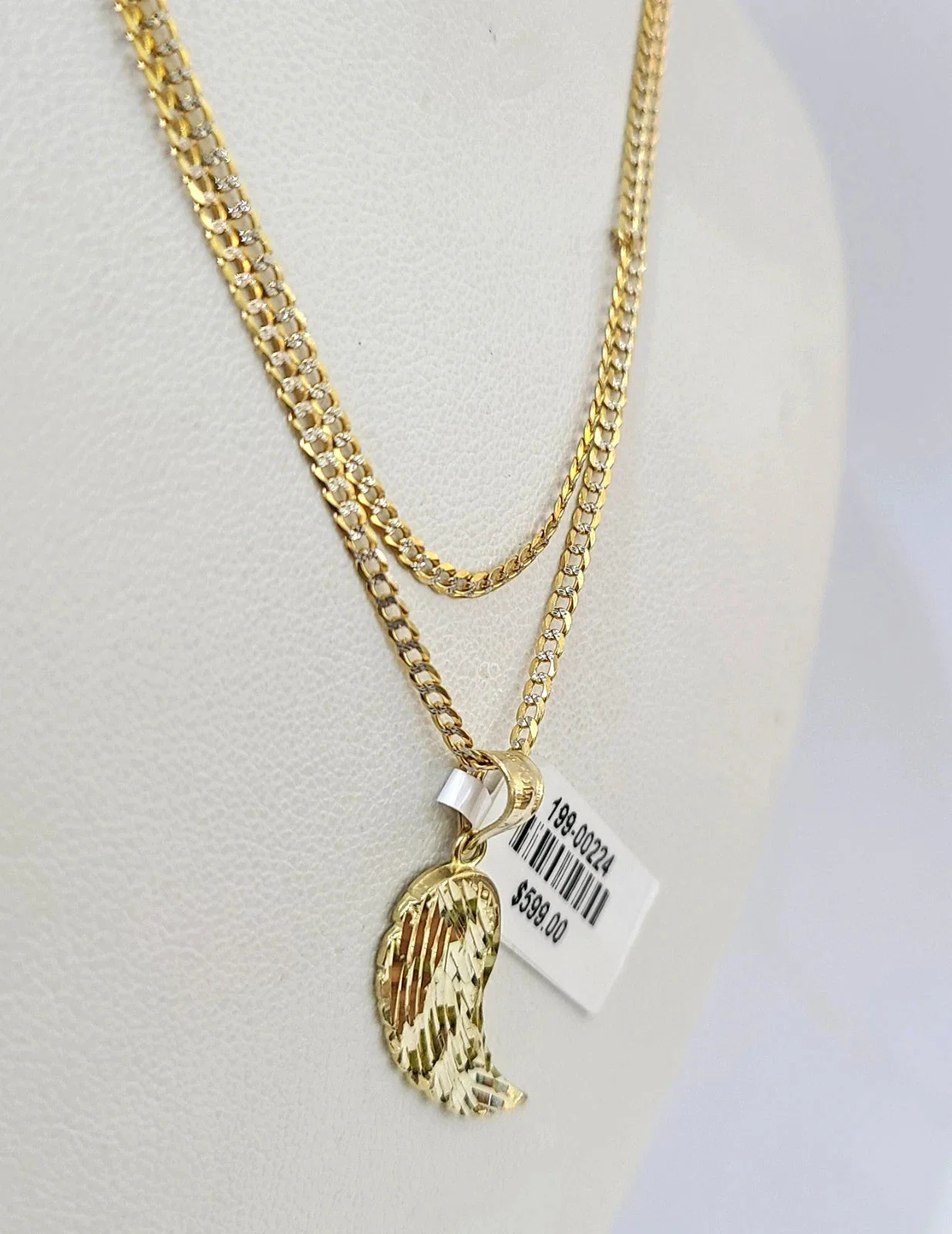 10k Gold Cuban Curb Chain Angel Wing Pendant Two Tone Charm Set 2mm Necklace - Image 2