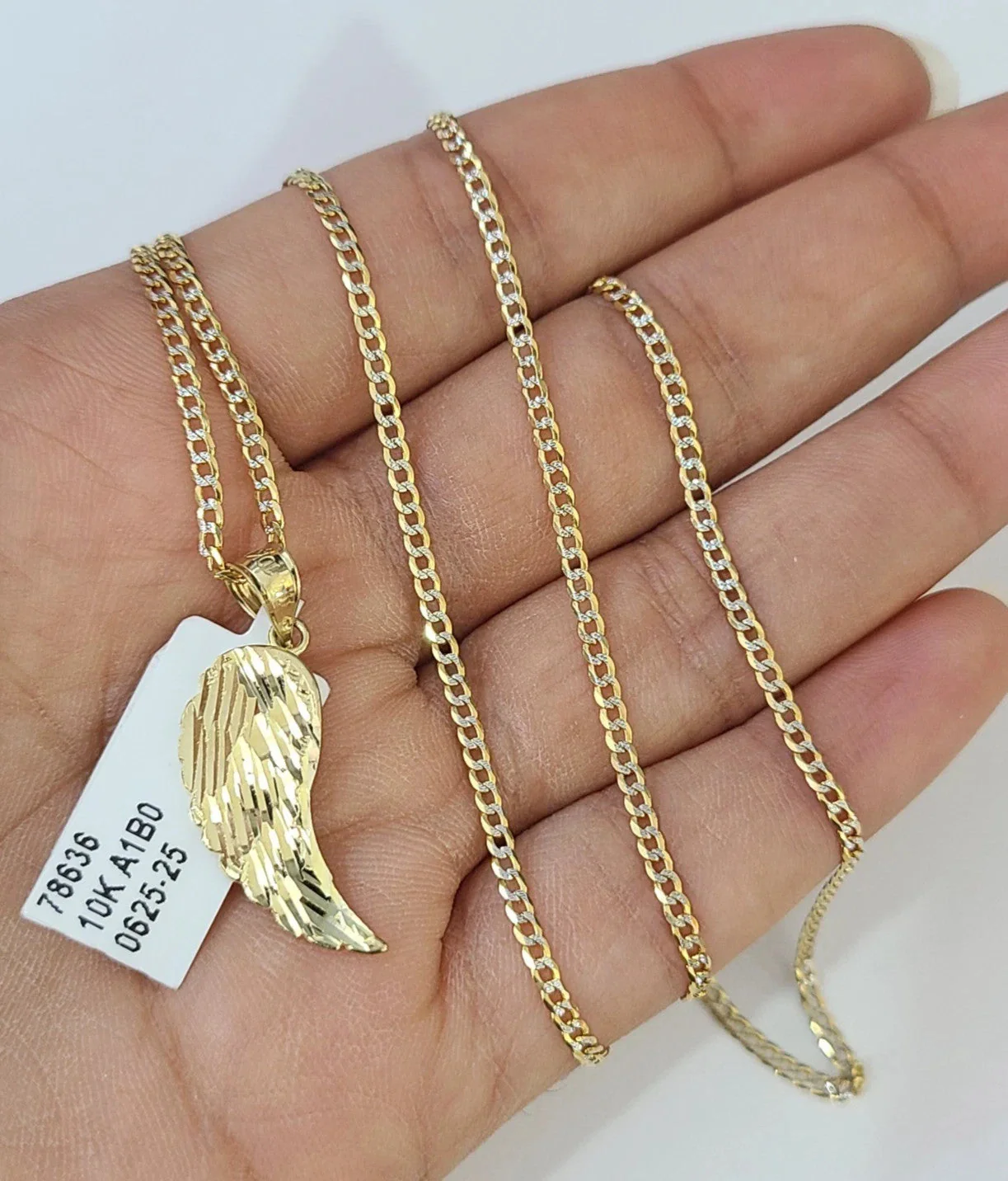 10k Gold Cuban Curb Chain Angel Wing Pendant Two Tone Charm Set 2mm Necklace - Image 3