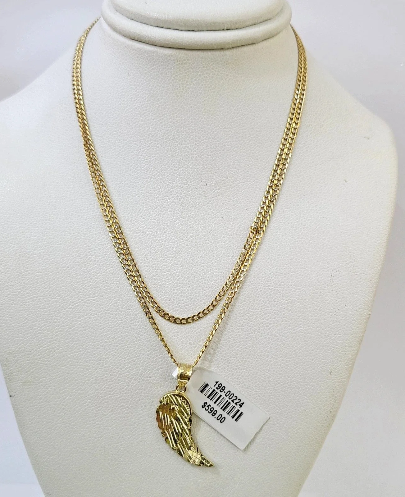 10k Gold Cuban Curb Chain Angel Wing Pendant Two Tone Charm Set 2mm Necklace - Image 4
