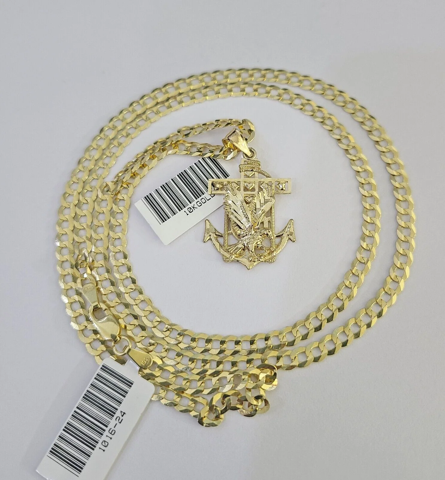 10k Gold Cuban Curb Chain Eagle Anchor Charm Solid 4mm 18"-28" SET Necklace - Image 3
