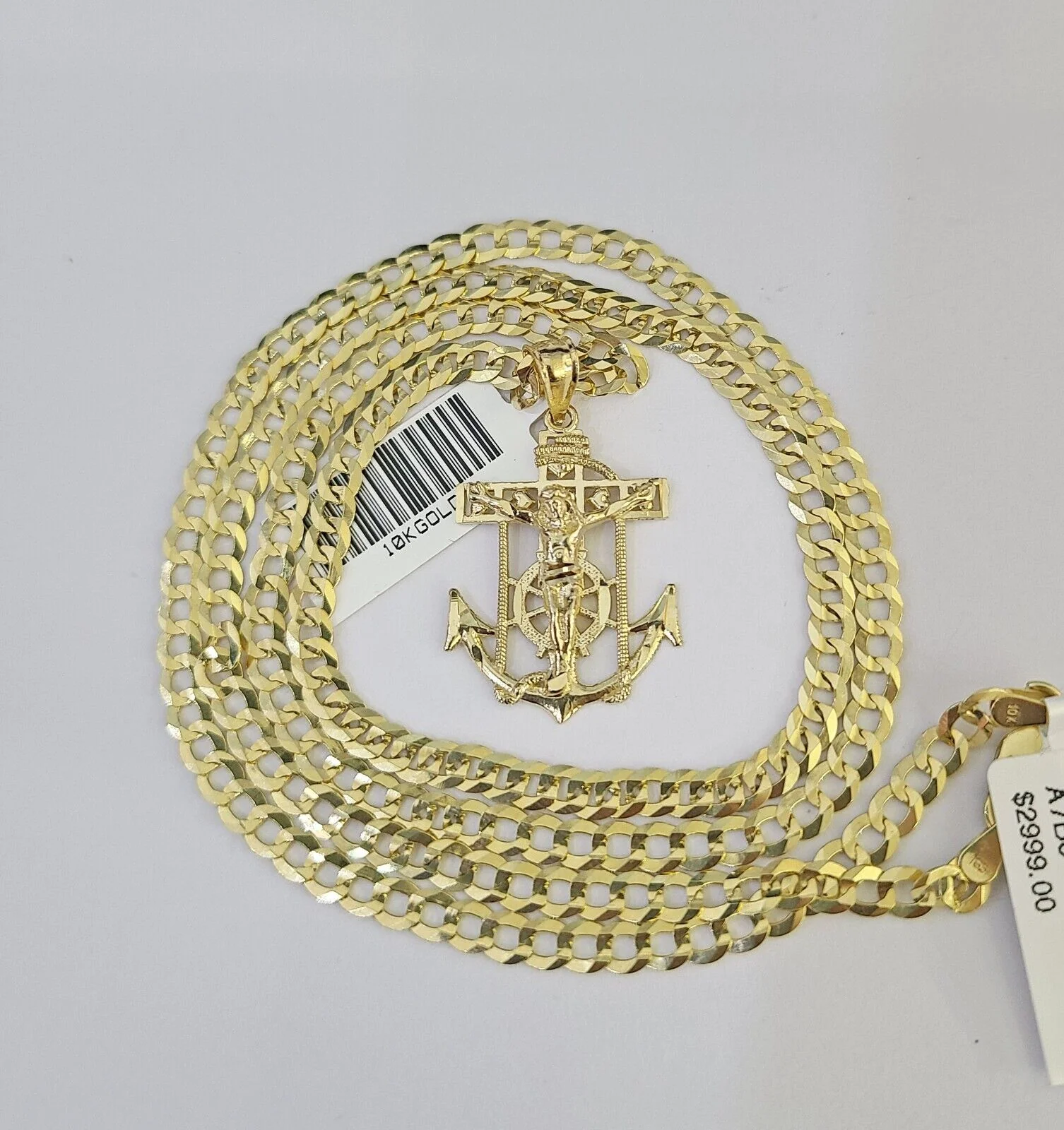 10k Gold Cuban Curb Chain Jesus Anchor Charm Solid 4mm 18"-28" SET Necklace - Image 3