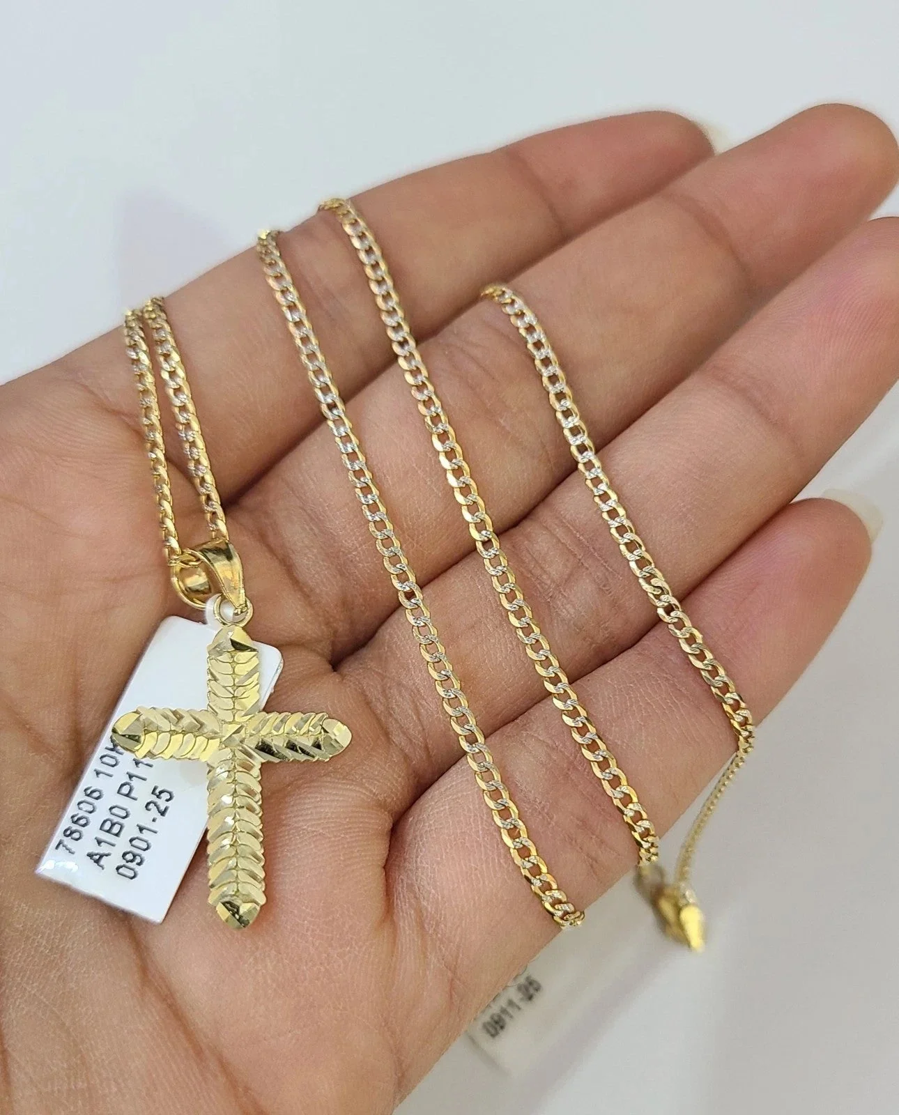 10k Gold Cuban Curb Chain Jesus Cross Pendant Two Tone Charm Set 2mm Necklace - Image 2