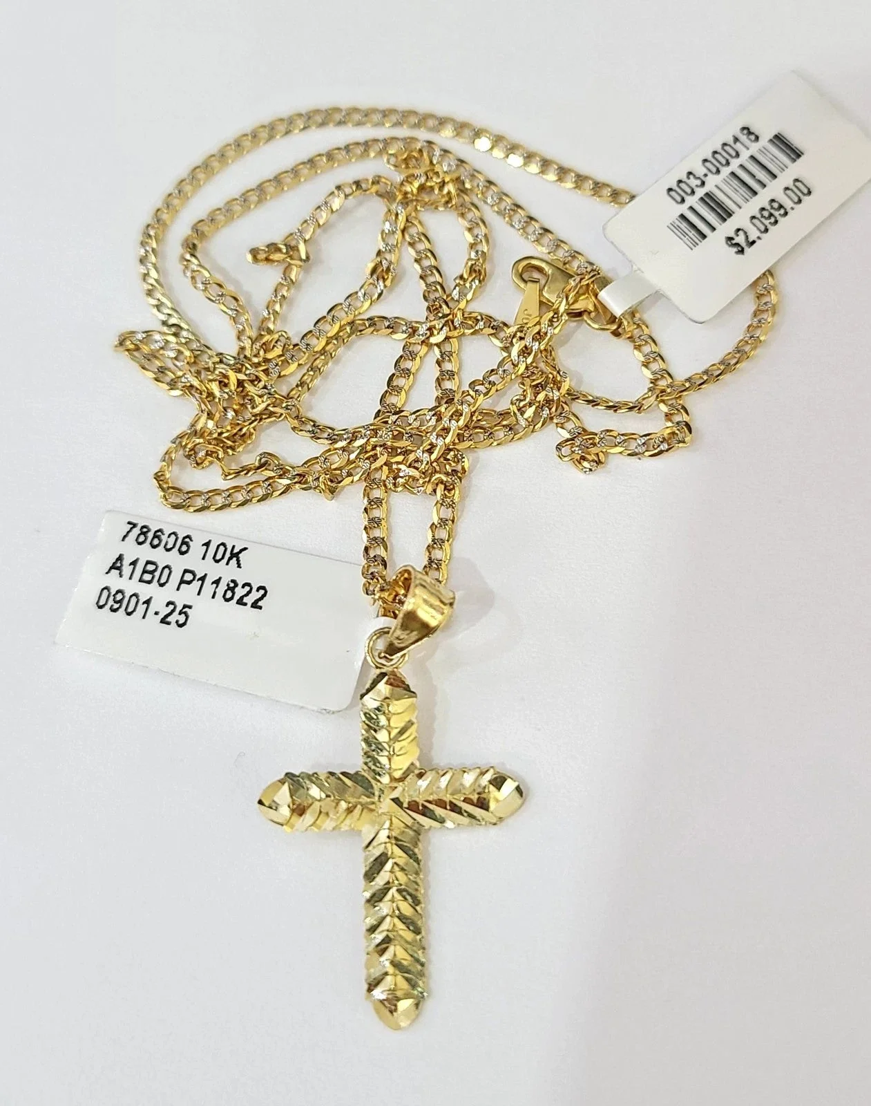 10k Gold Cuban Curb Chain Jesus Cross Pendant Two Tone Charm Set 2mm Necklace - Image 3