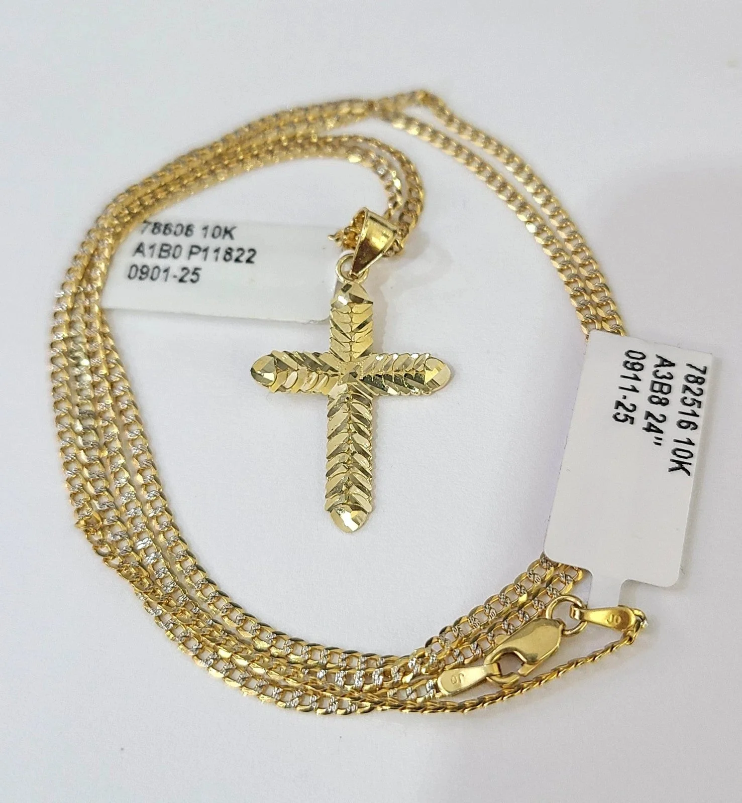 10k Gold Cuban Curb Chain Jesus Cross Pendant Two Tone Charm Set 2mm Necklace - Image 4