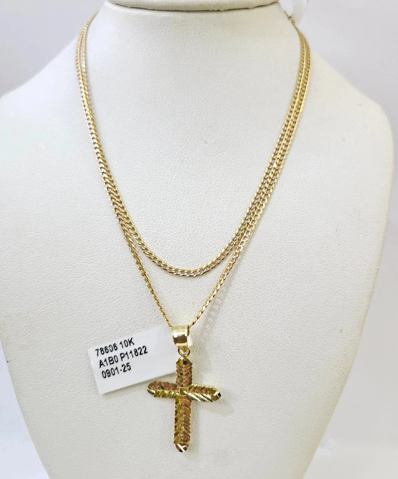 10k Gold Cuban Curb Chain Jesus Cross Pendant Two Tone Charm Set 2mm Necklace - Image 6